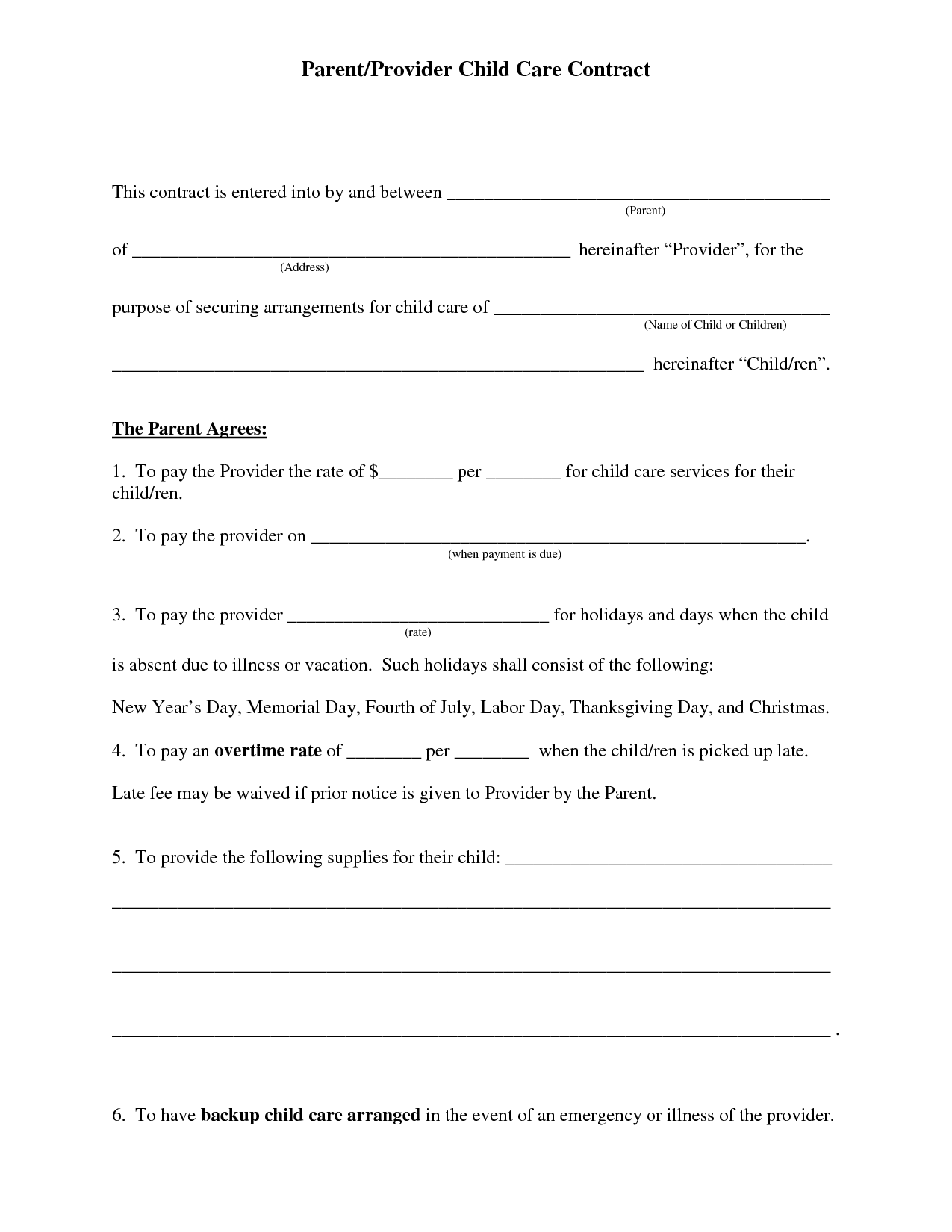 Daycare Contract Forms