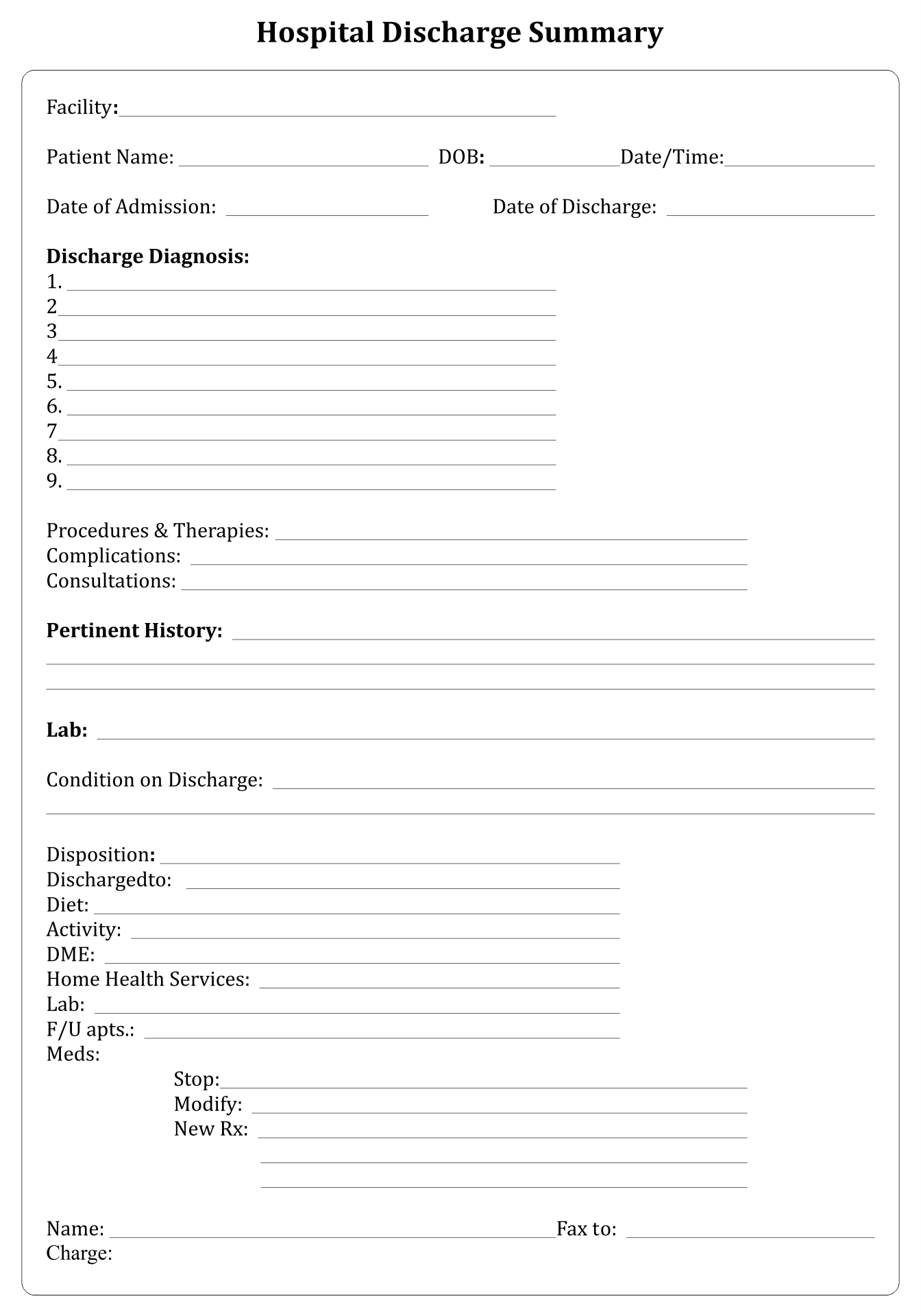 Hospital Discharge Papers Forms