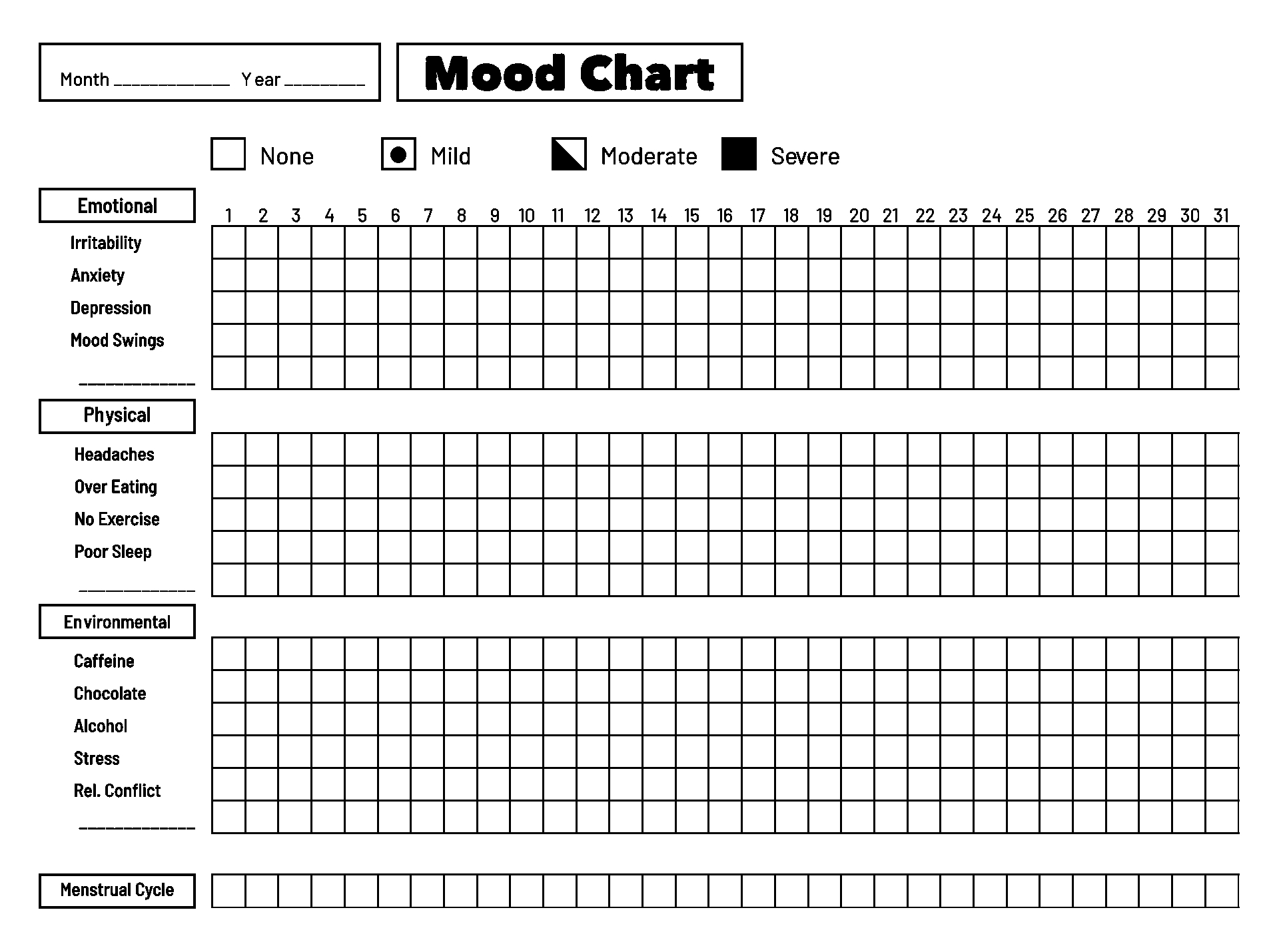 Printable Mood Charts for Depression