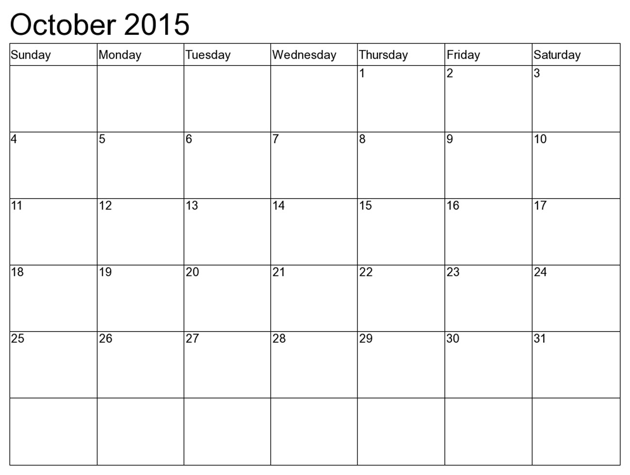 Blank October Calendar 2015