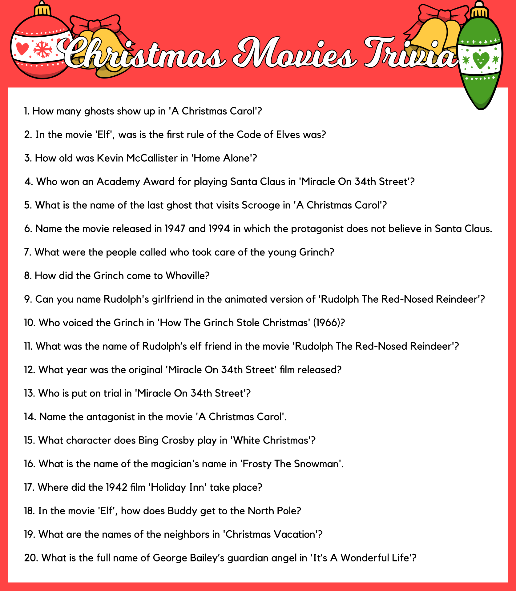 Christmas Printable Trivia with Answers