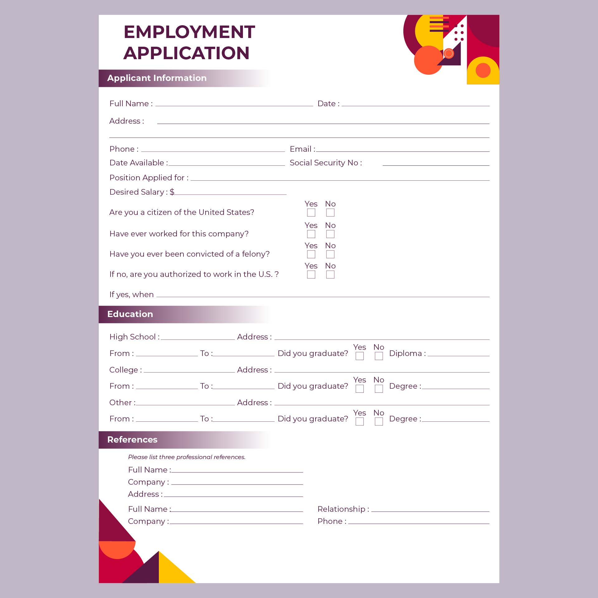 Free job application form template
