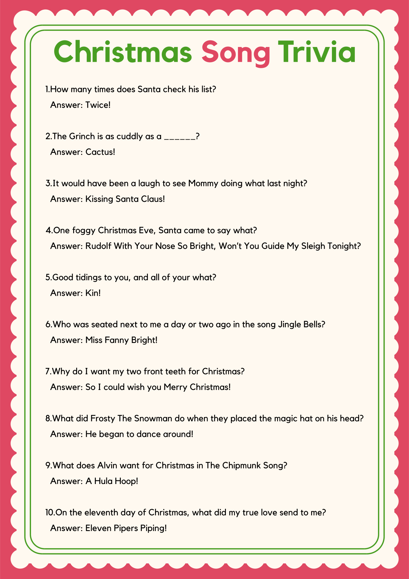Christmas Trivia Free Printable