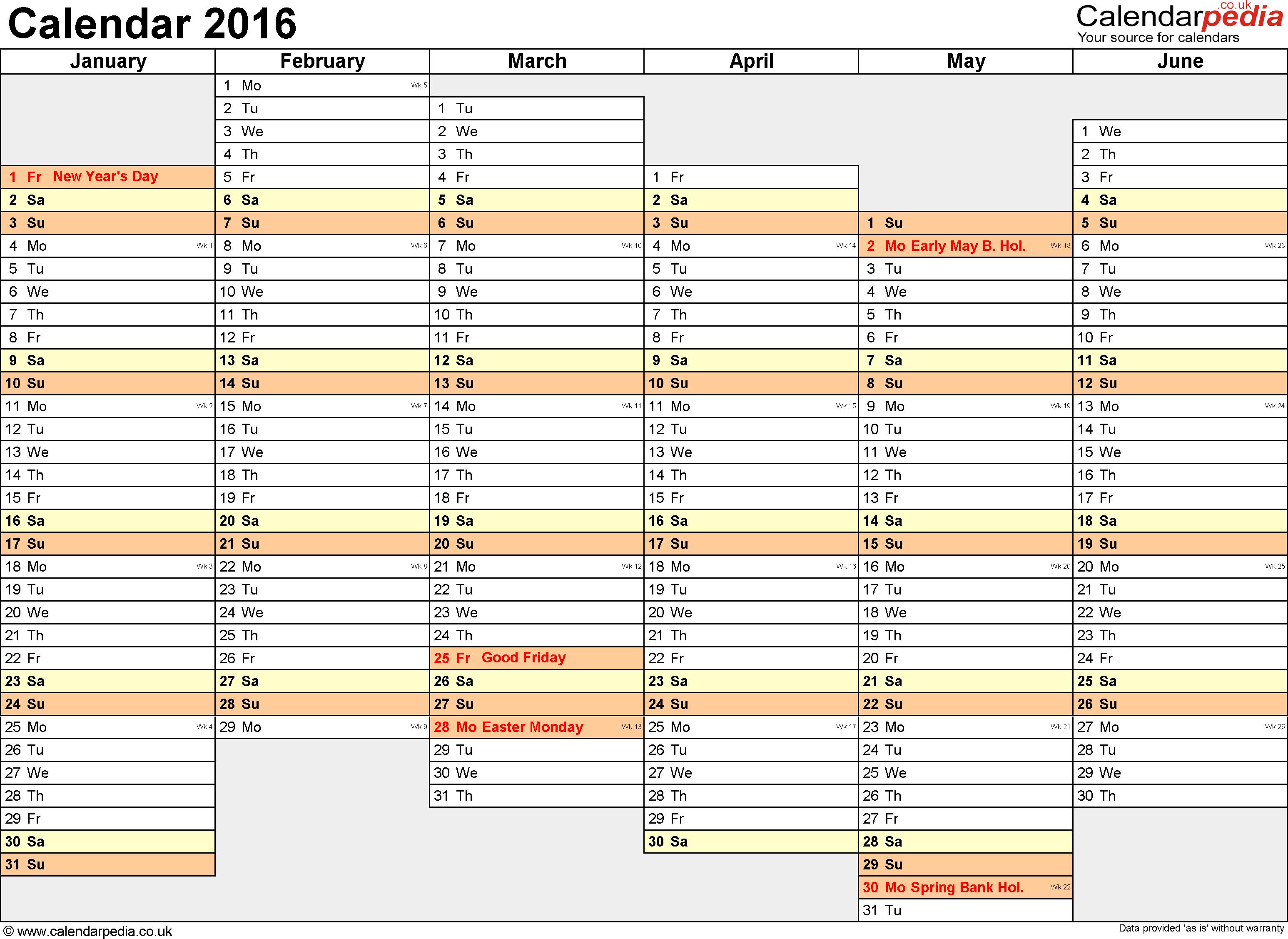 Calendar 2016 Free Template from www.printablee.com