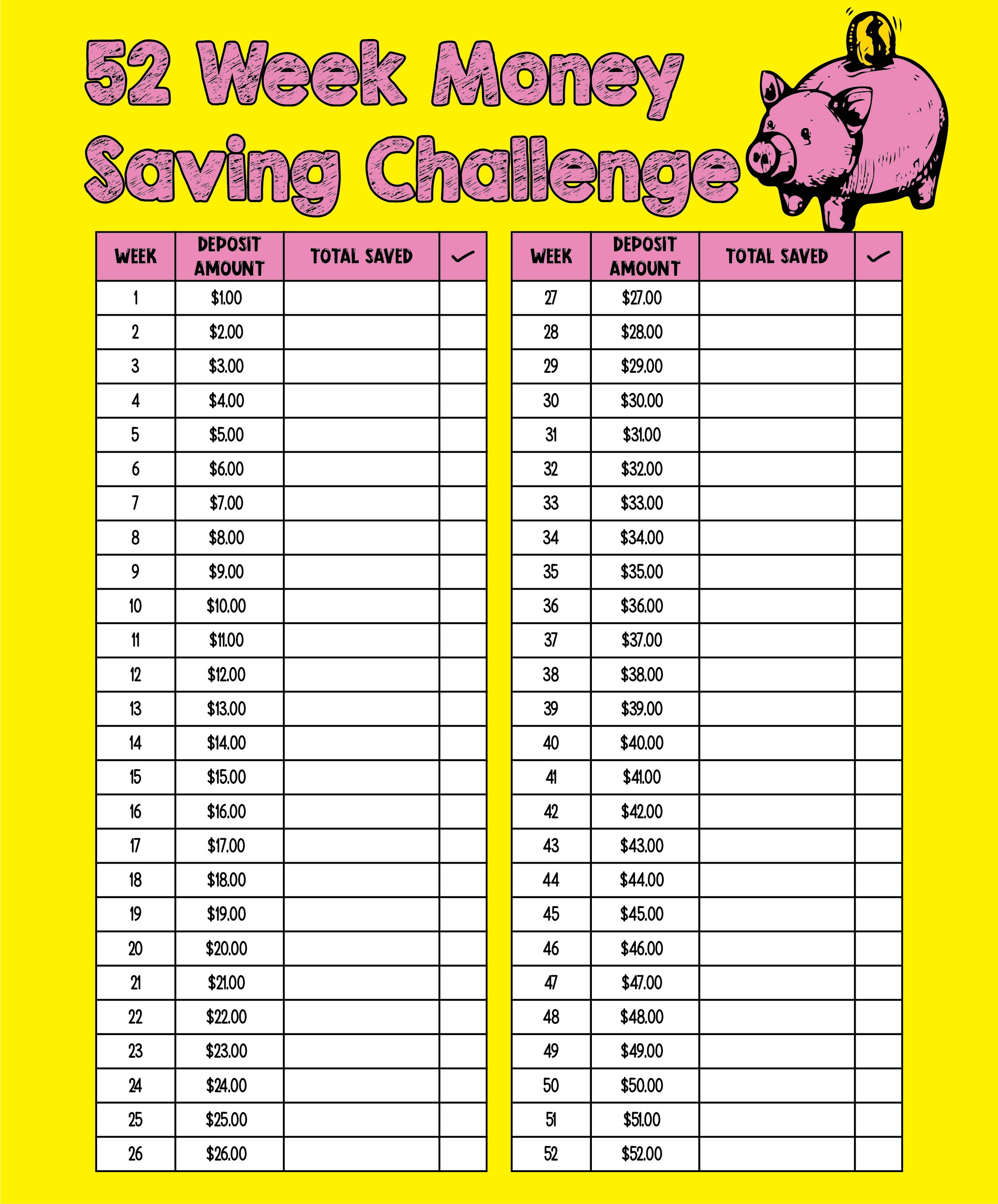 52 Week Money Challenge Printable Free