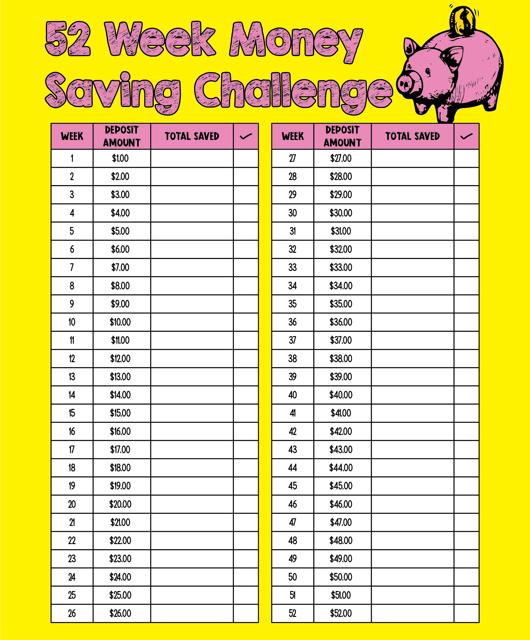 52 Week Savings Challenge Printable