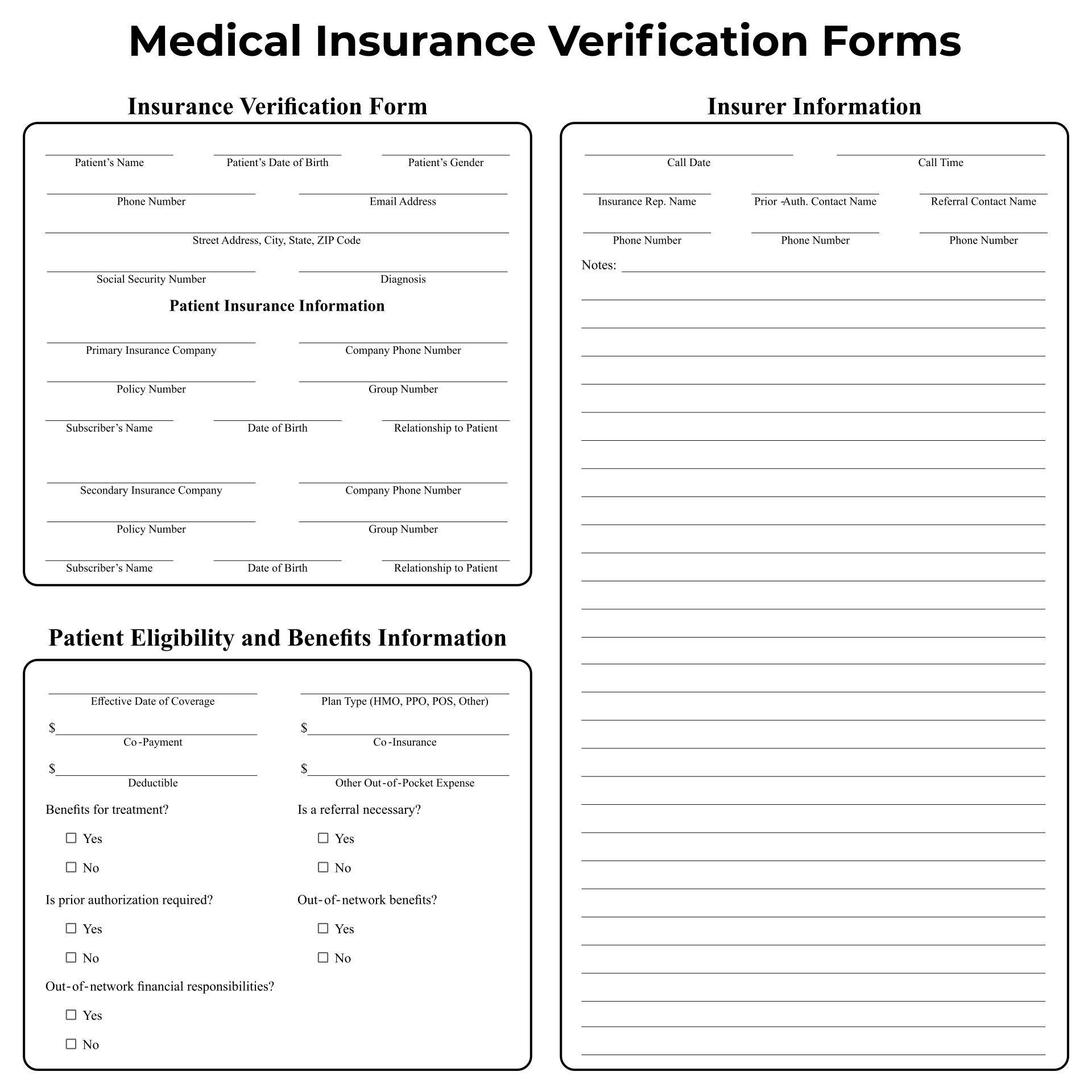 Blank Medical Insurance Verification Forms