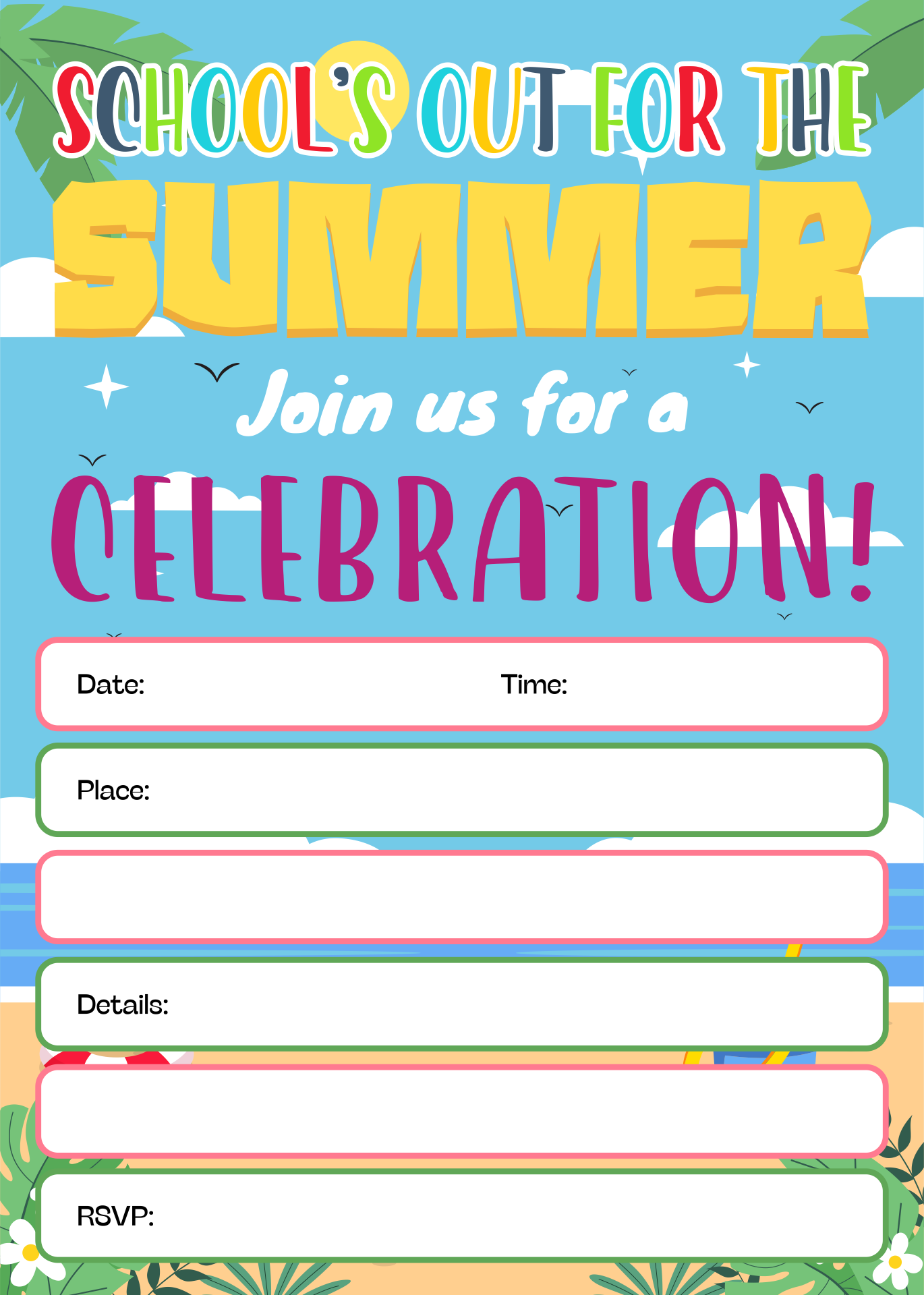 Schools Out for Summer Party Invitation Printable 