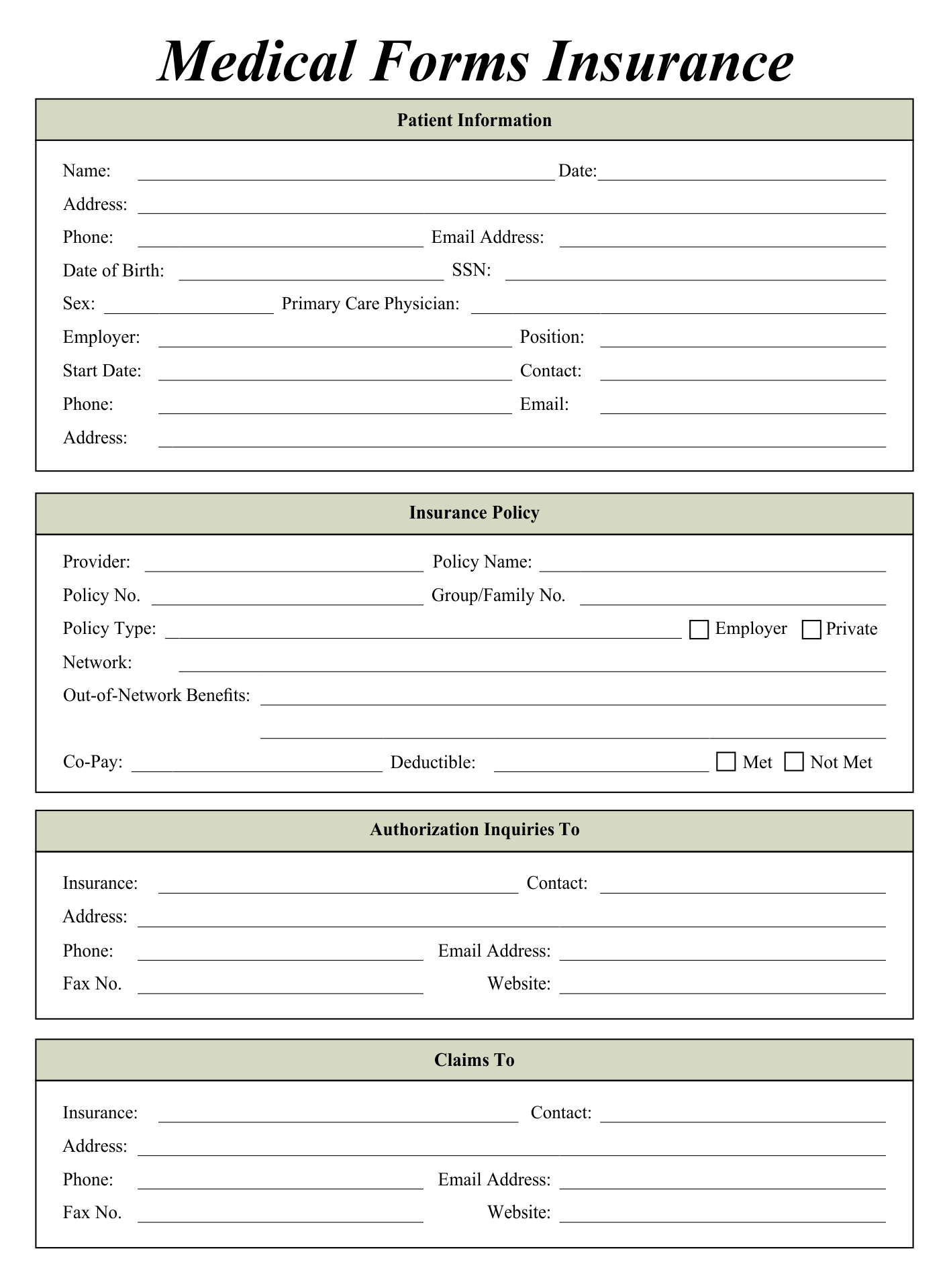 Printable Medical Forms Insurance