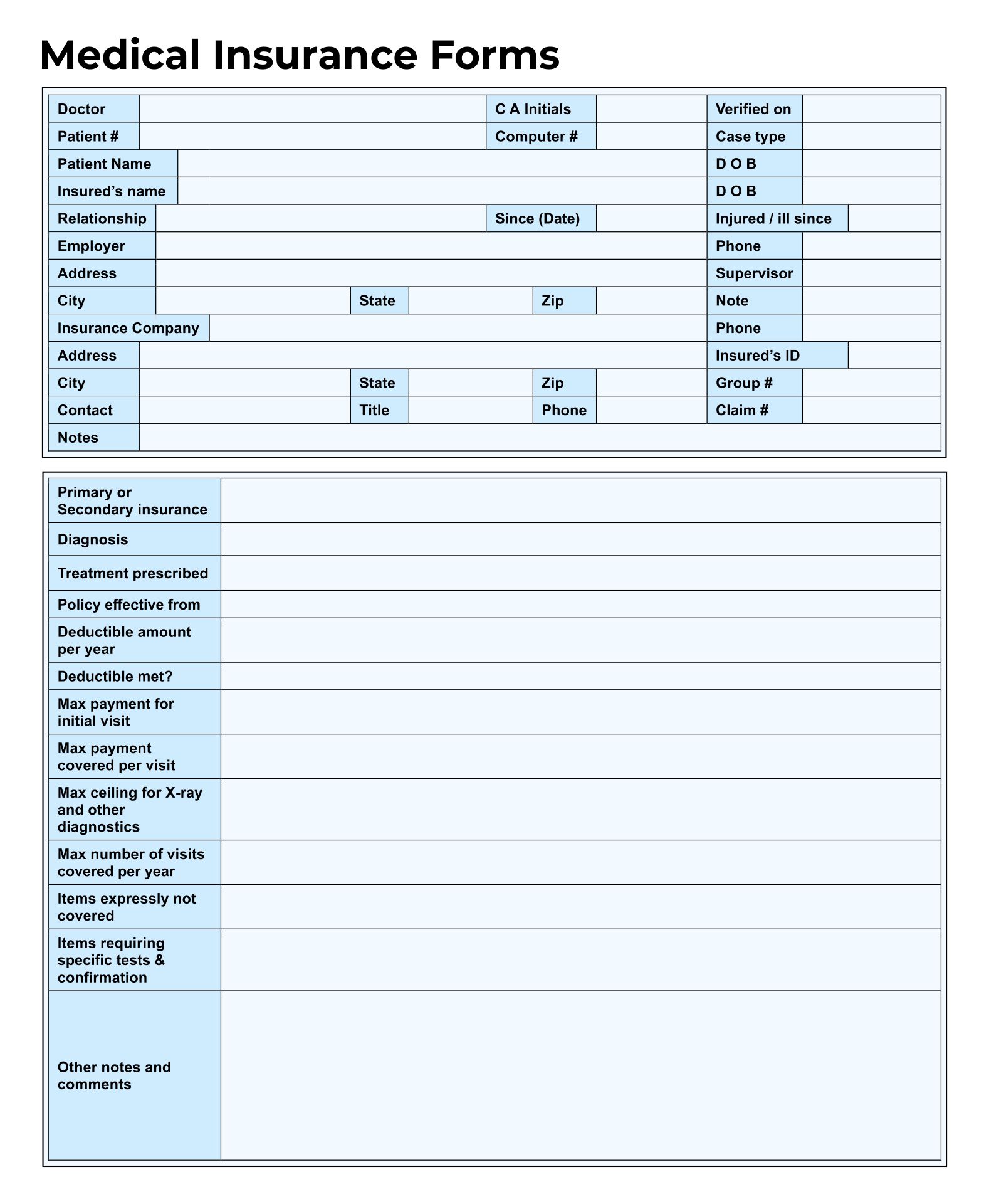 Medical Insurance Forms Templates