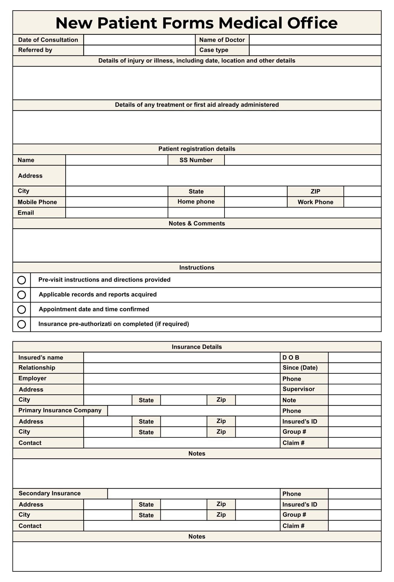New Patient Forms Medical Office