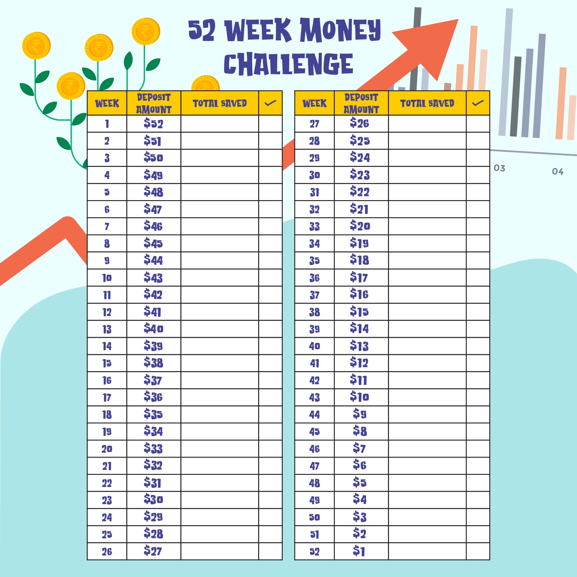 Reverse 52 Week Money Challenge Printable