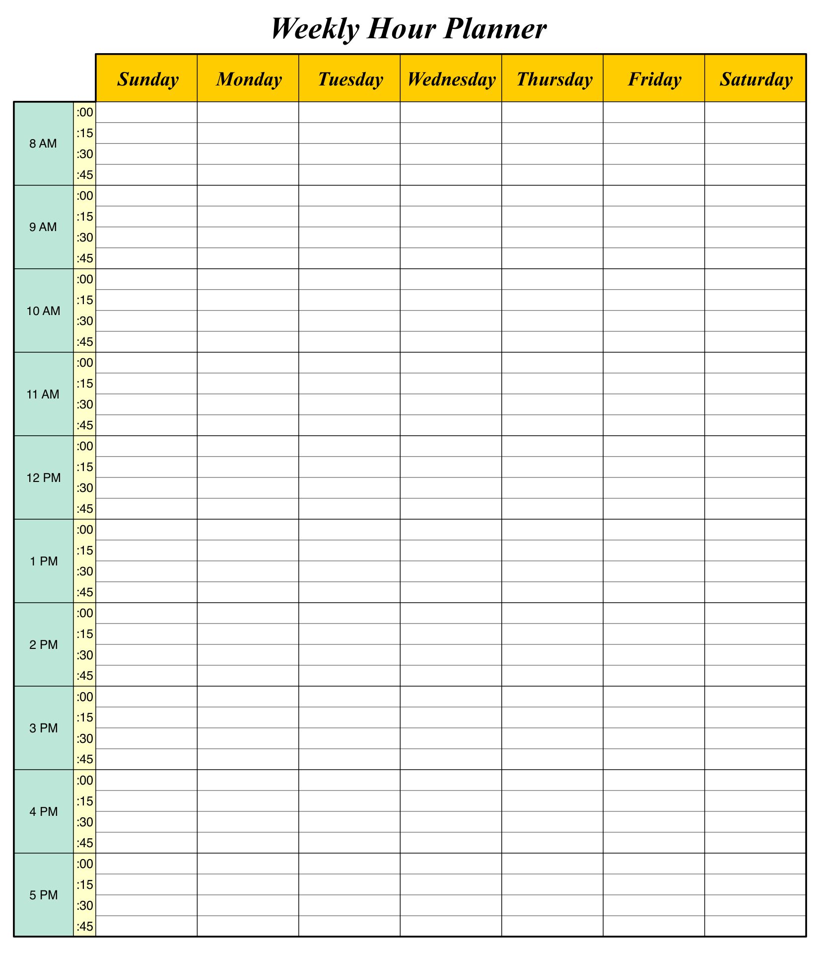 Weekly Hourly Schedule Template