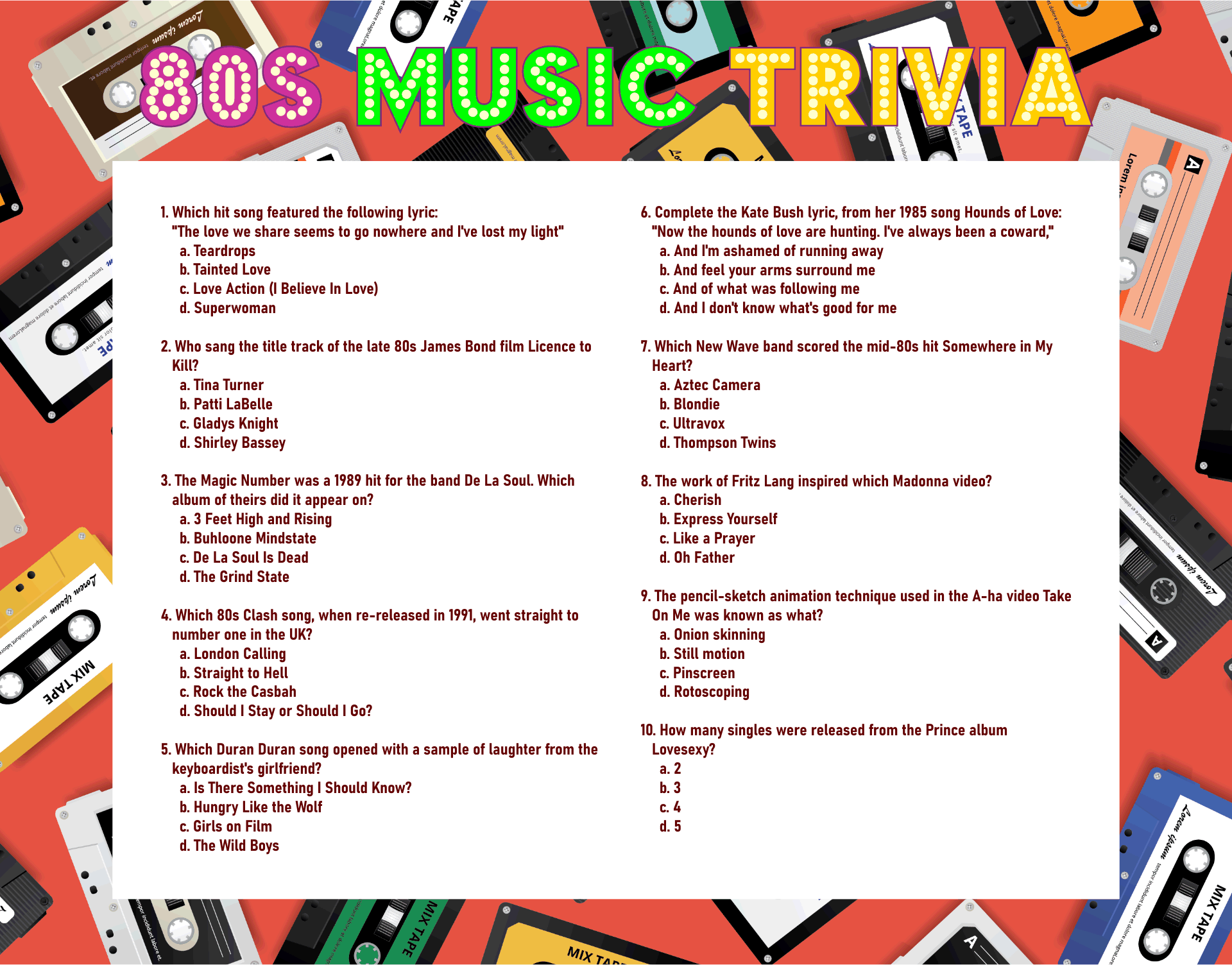 80s Music Trivia Printable