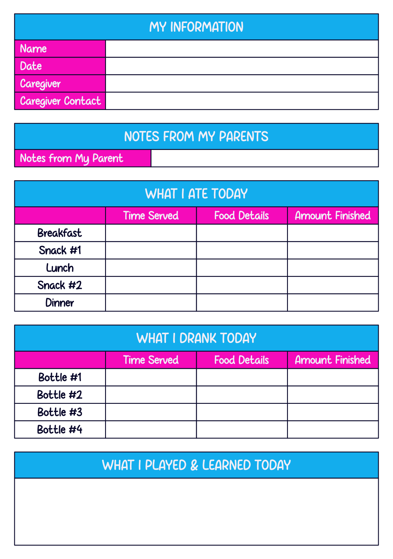 Printable Infant Daily Report Template