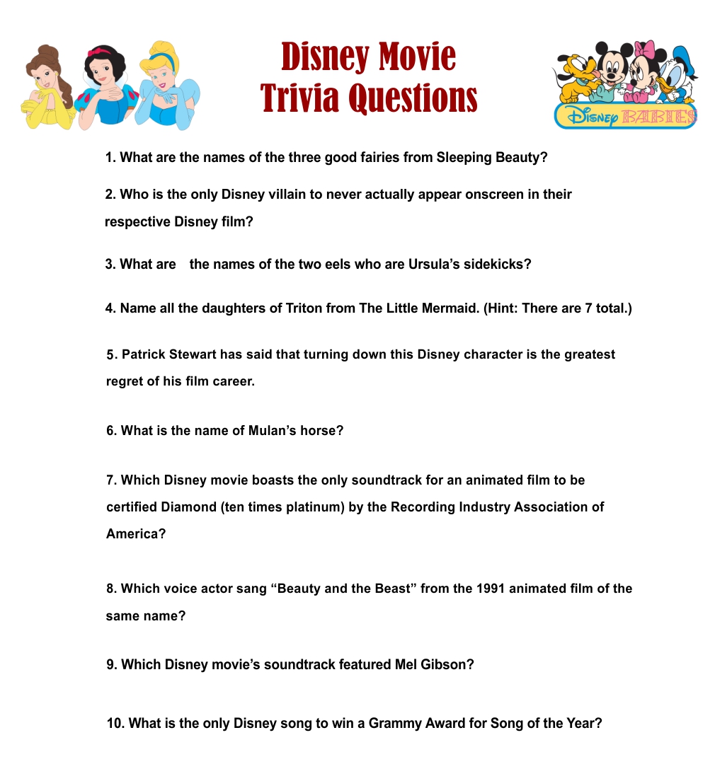 Free Printable Disney Princesses Trivia Quiz