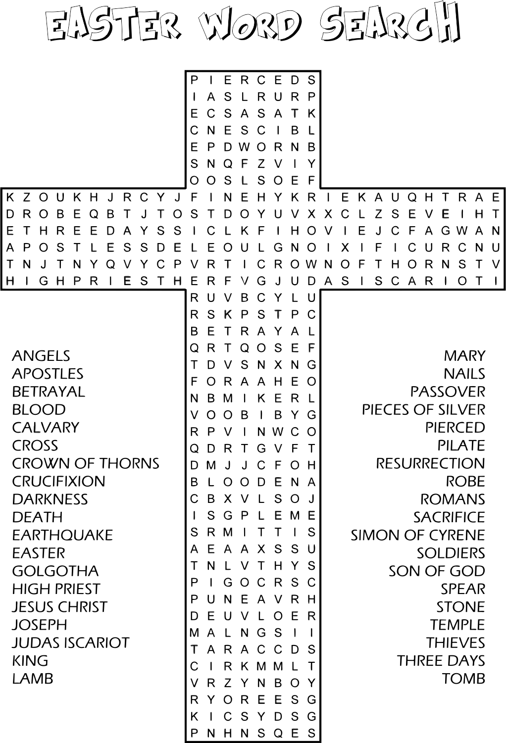 Easter Activity Sunday School Word Search