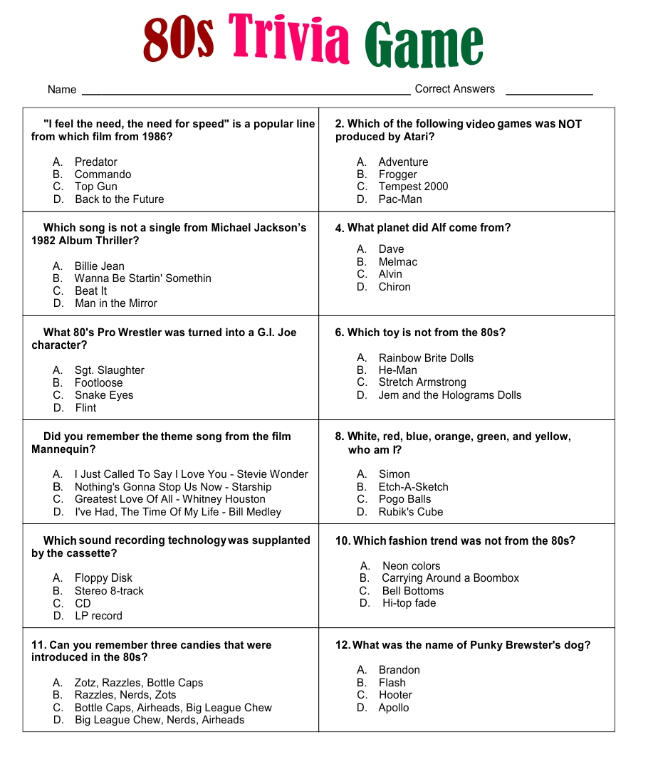 8 Best 80s Movie Trivia Printable Printablee Com