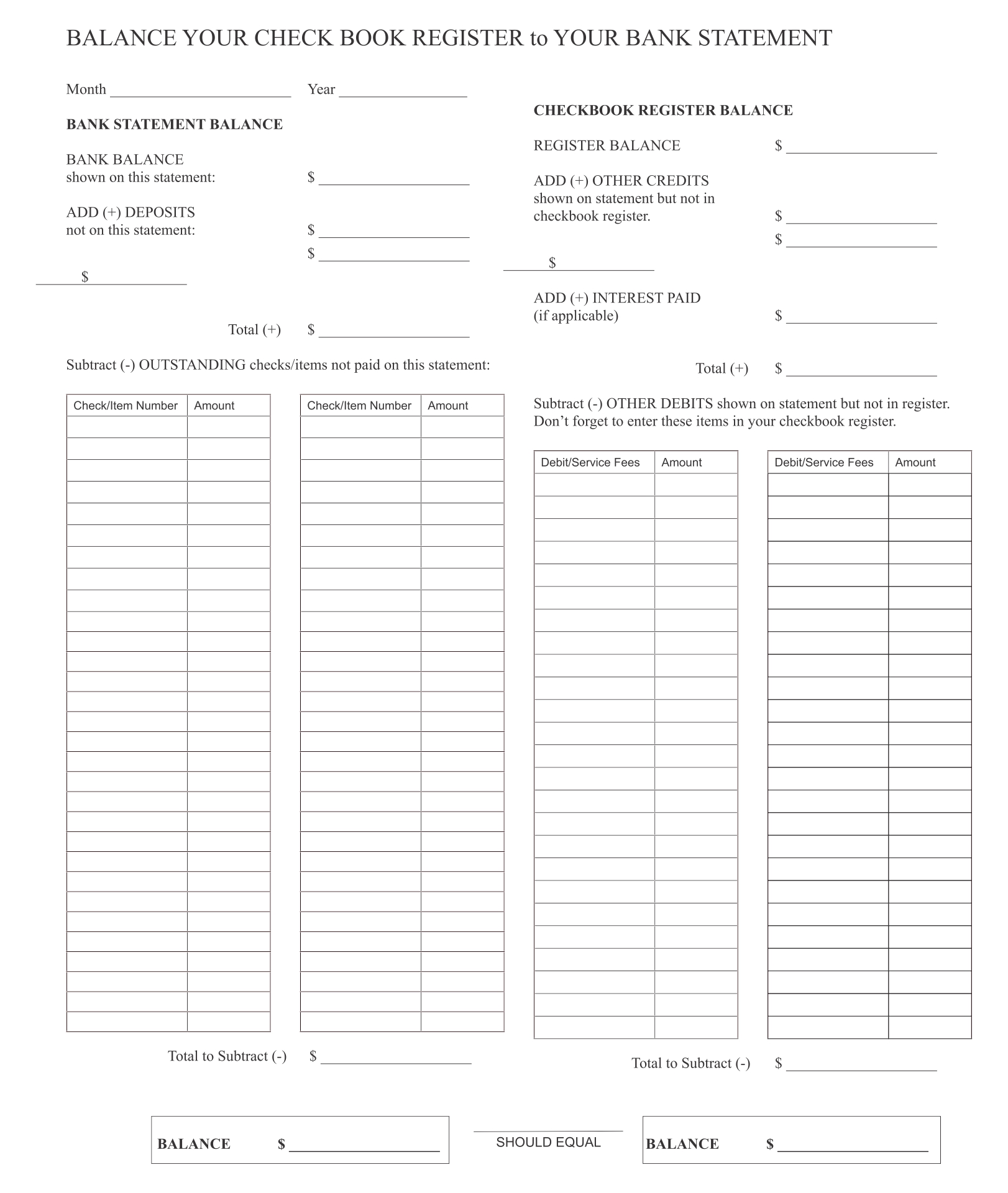 Printable Check Register Checkbook Size