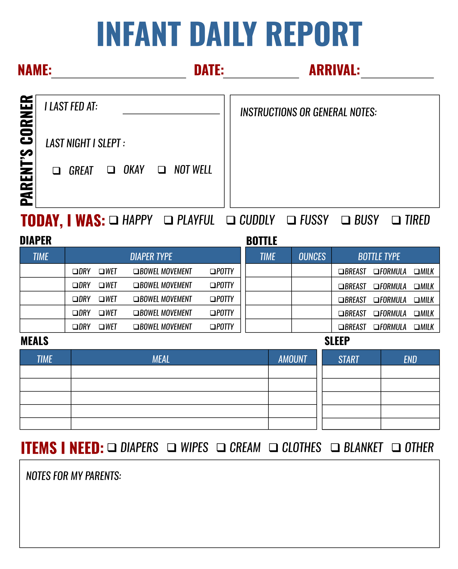 Free Printable Infant Daily Report