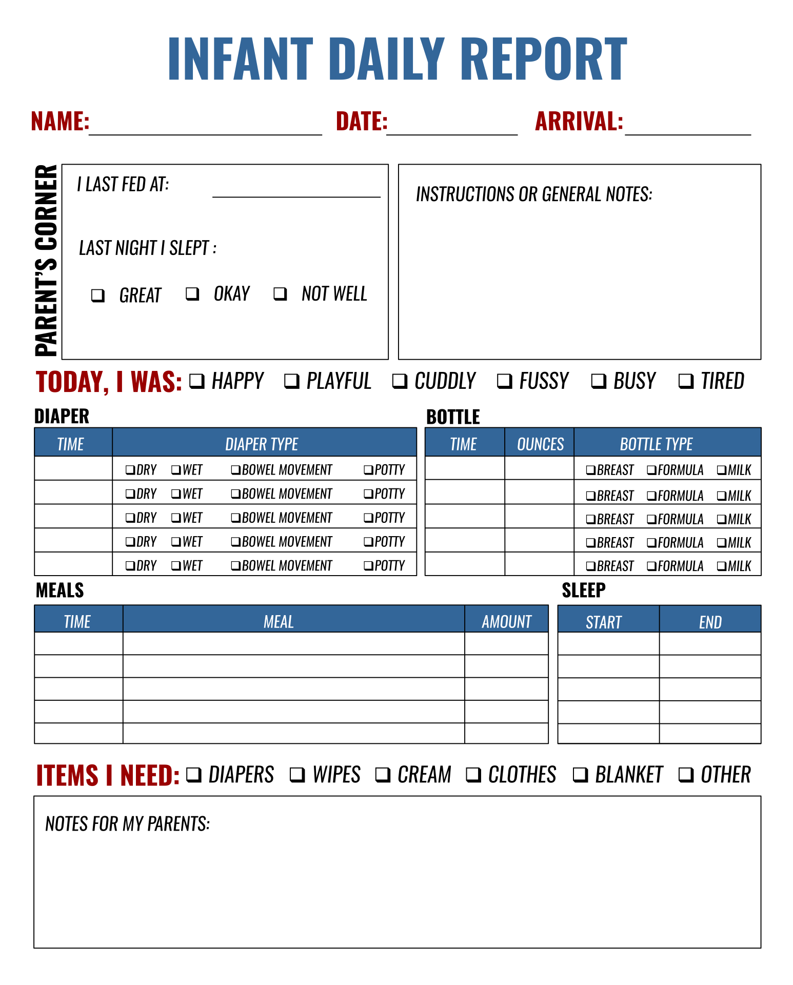 Printable Infant Daily Report Sheets Free