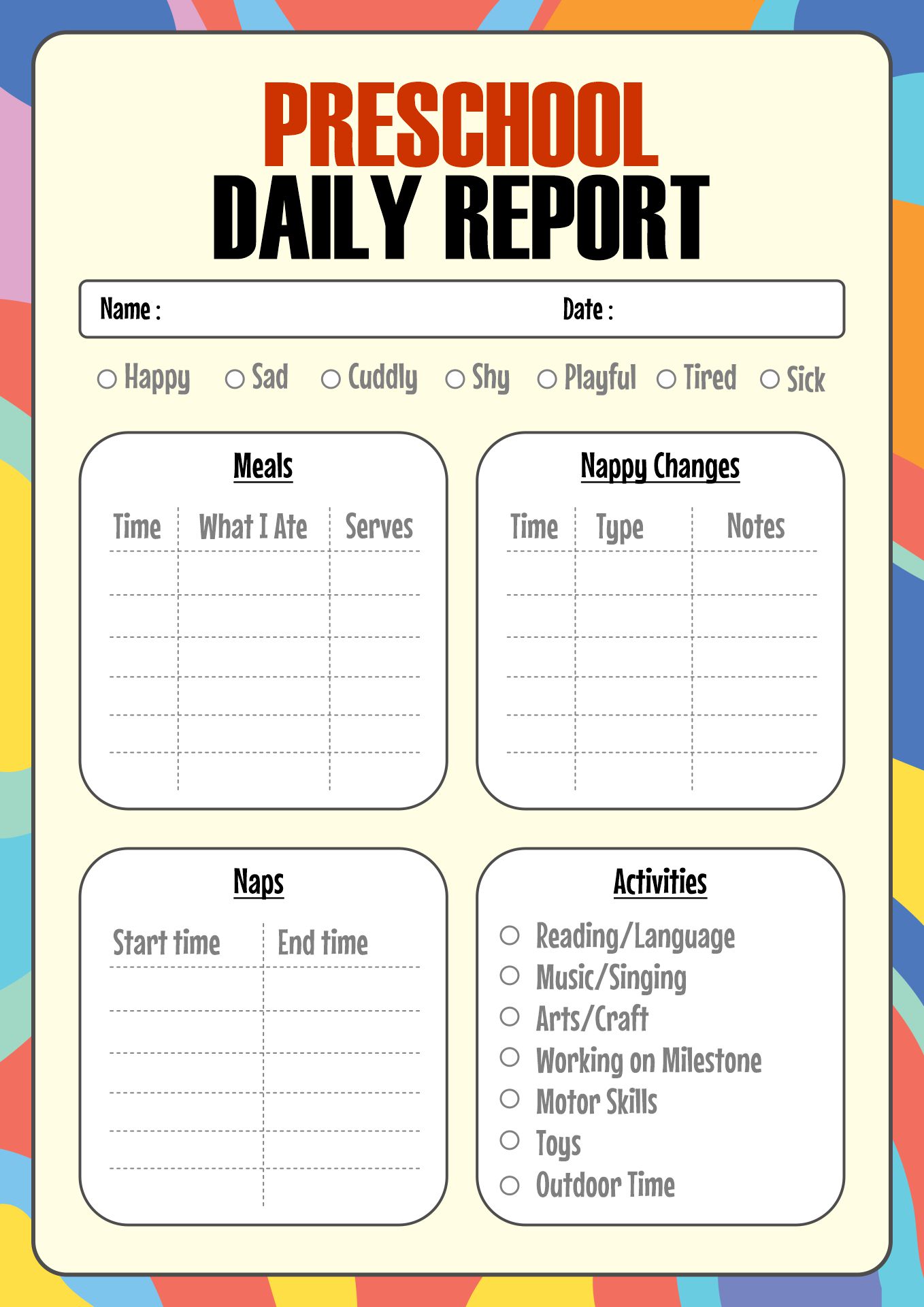 Printable Daily Sheets for Toddlers