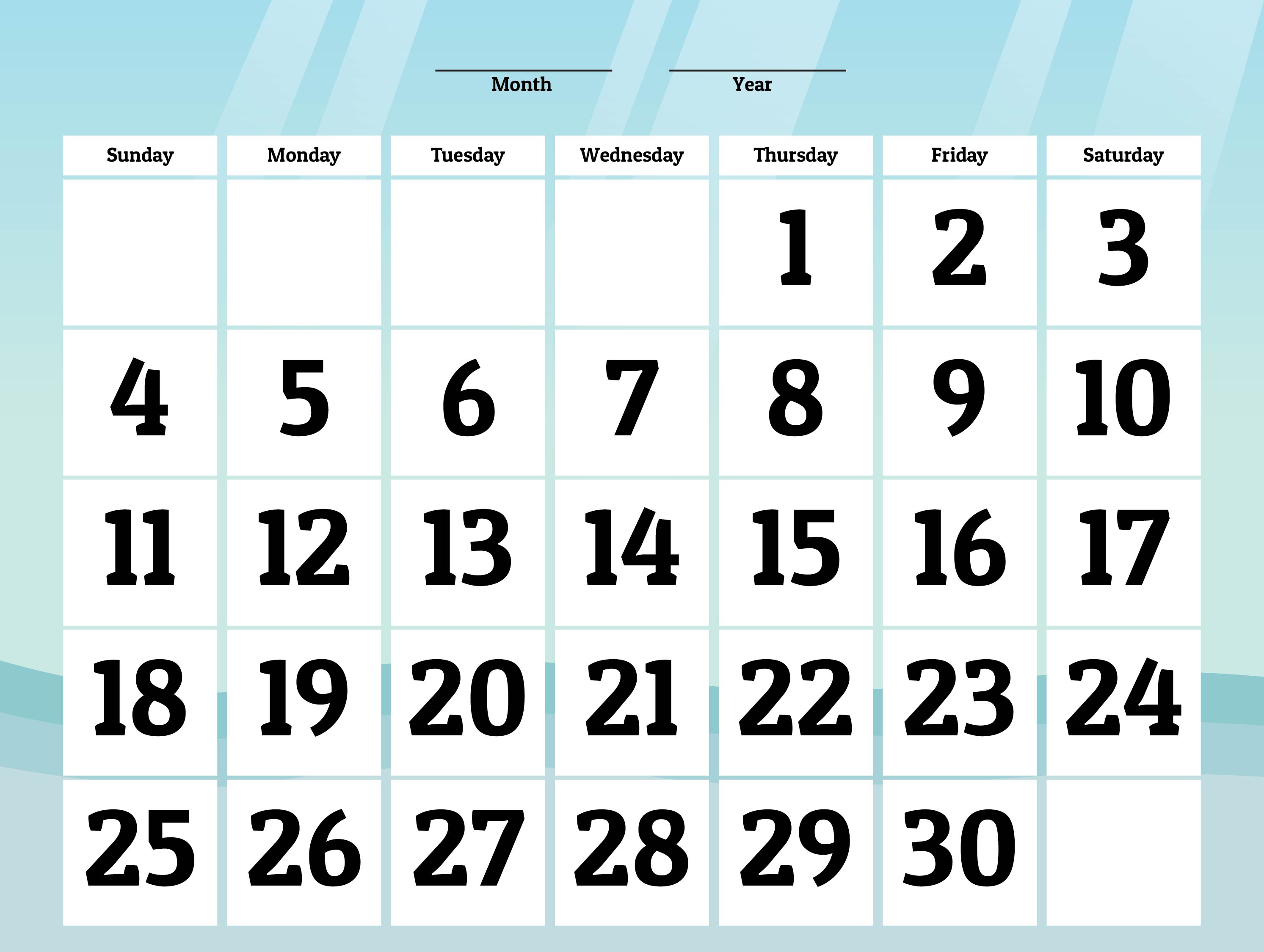 Printable 30 Day Calendar