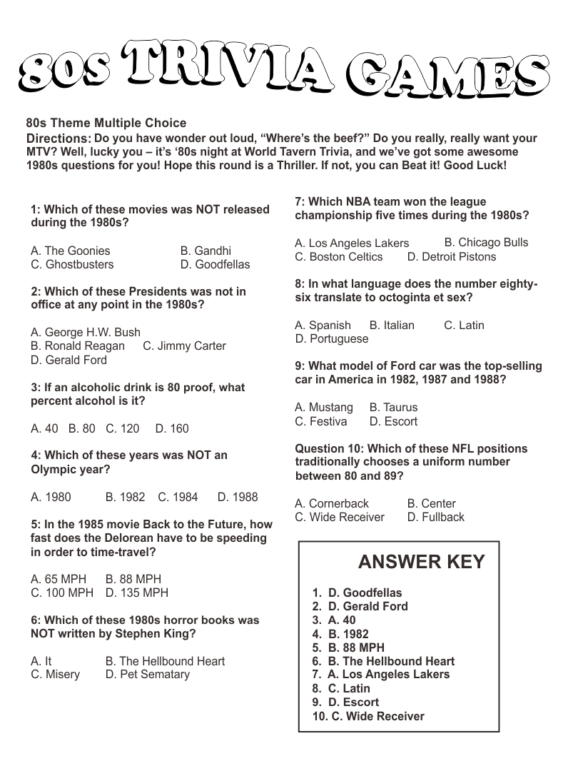 Free Printable 80s Trivia Games