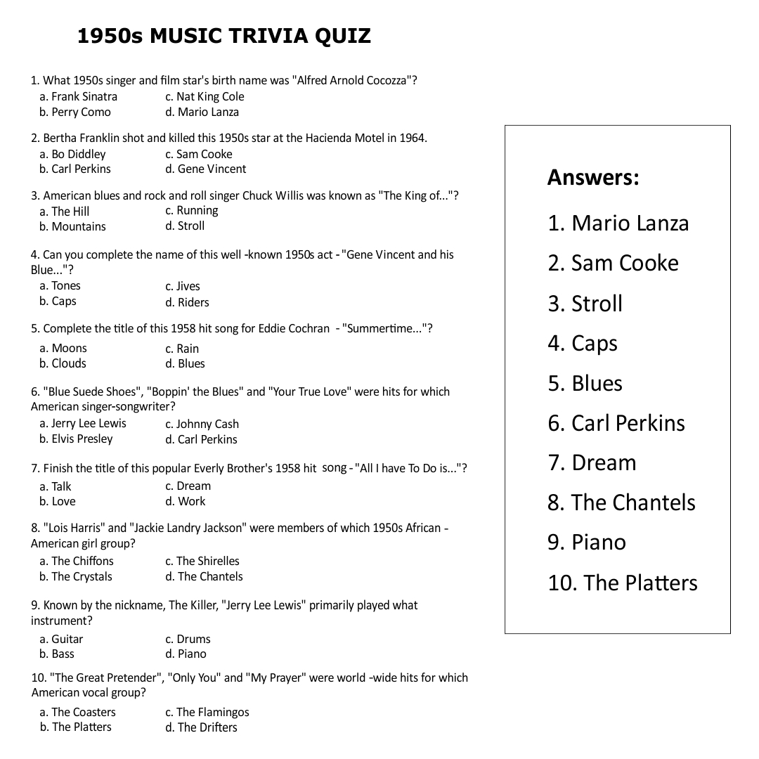 Printable Music Trivia Questions and Answers