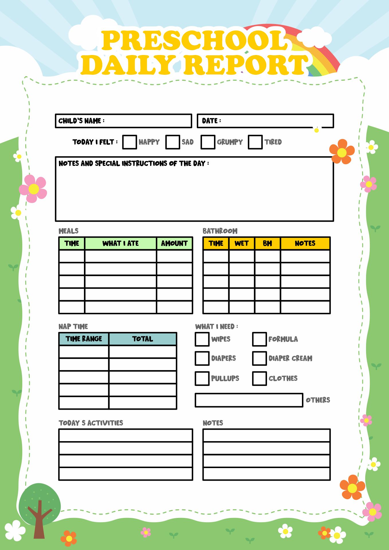 Preschool Daily Report Template from www.printablee.com