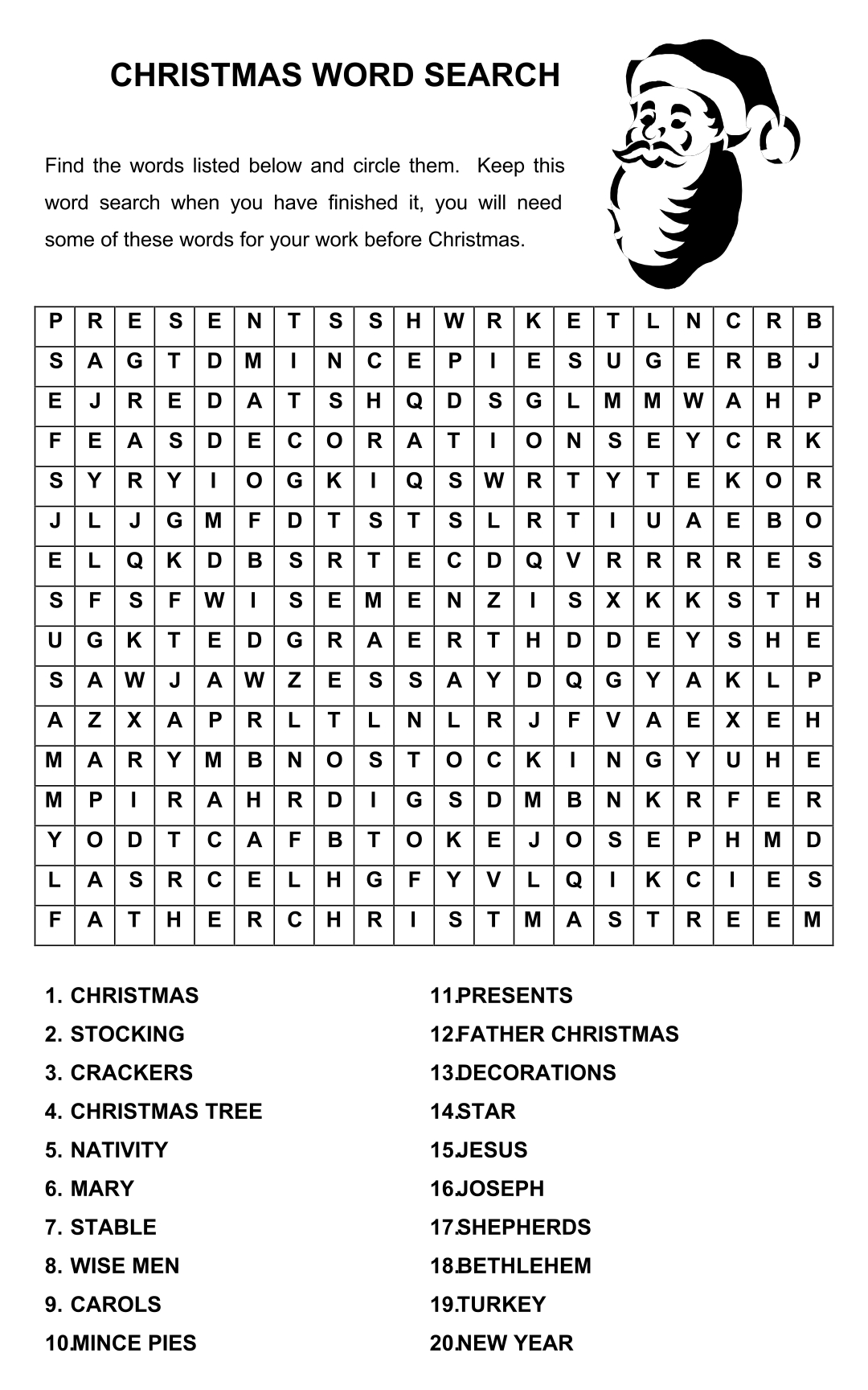 Sunday School Christmas Word Search Printable