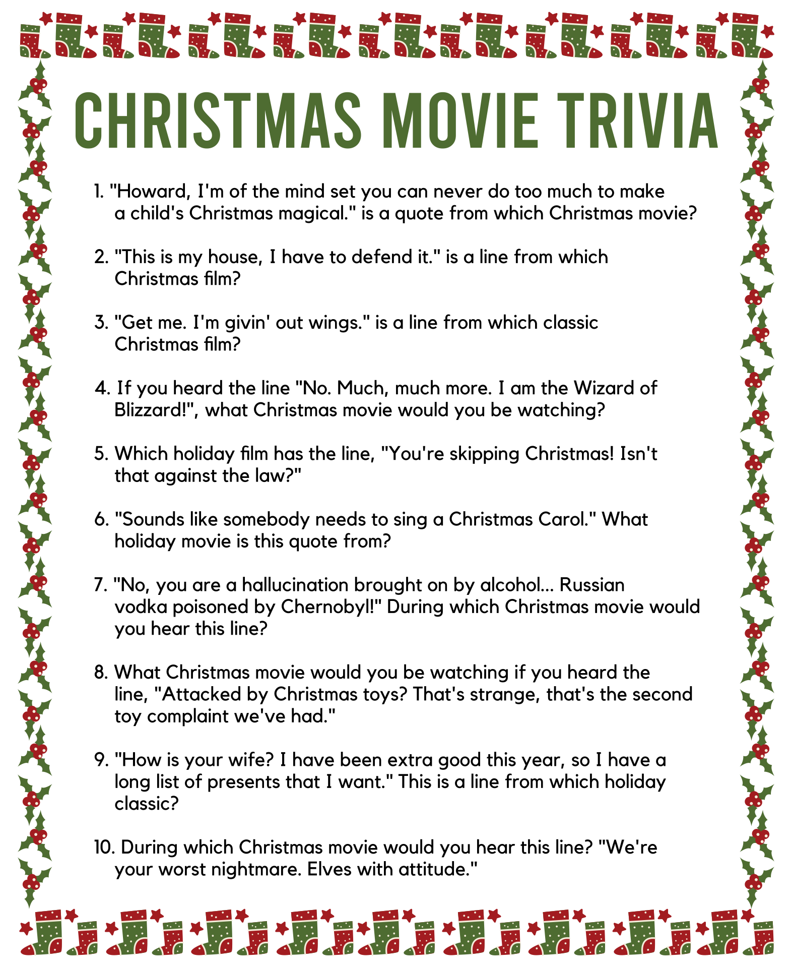 Christmas Movie Trivia Printable