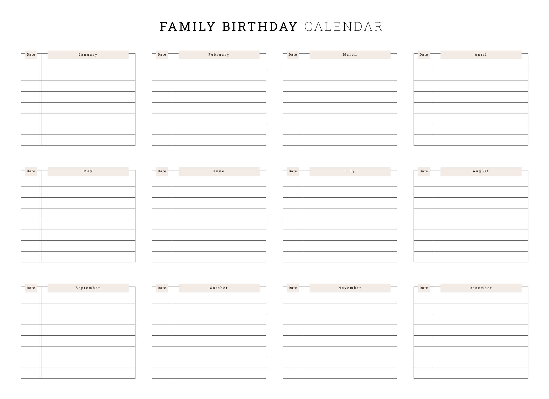 Family Birthday Calendar Printable Free