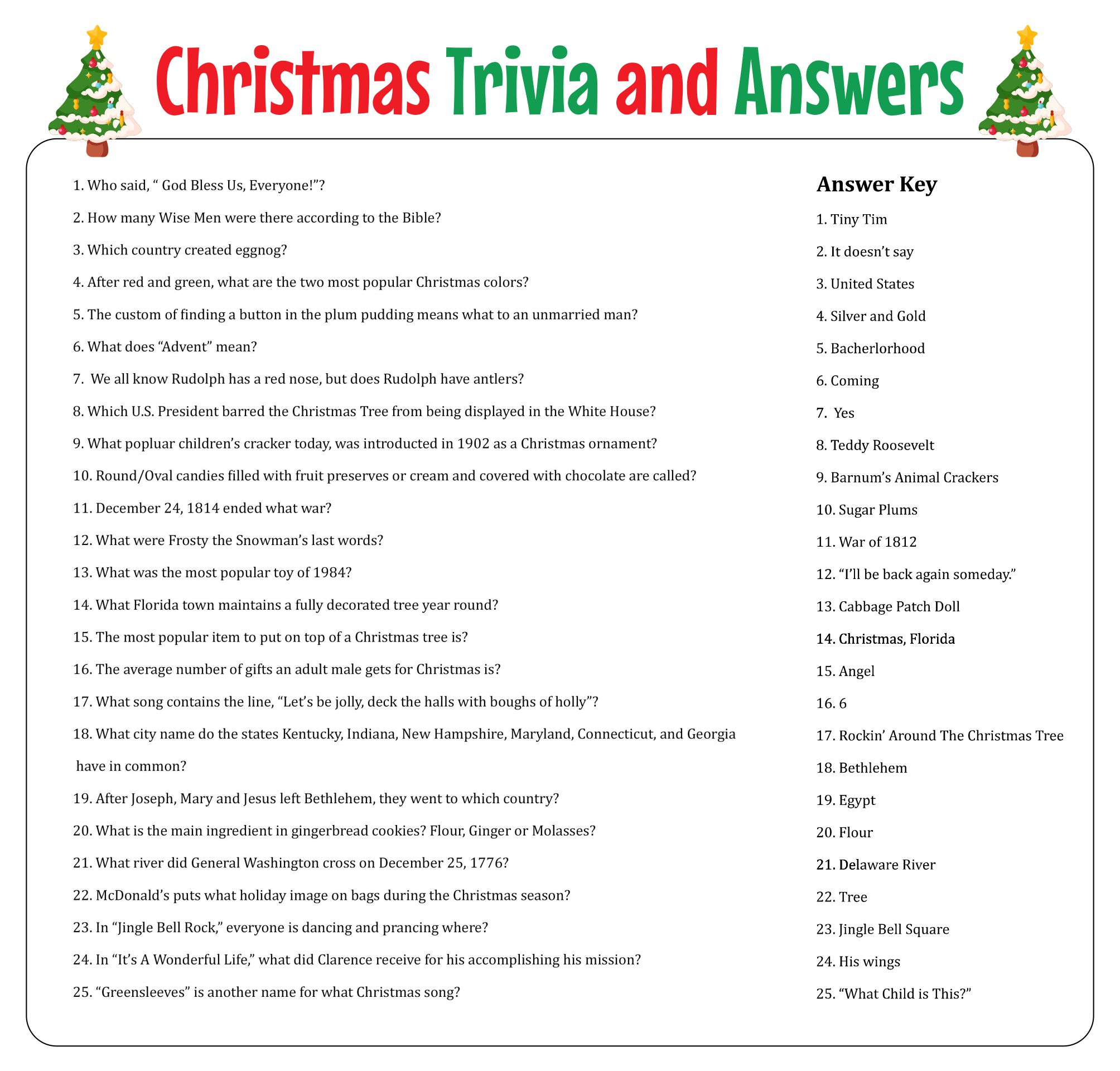 Printable Christmas Games Trivia and Answers