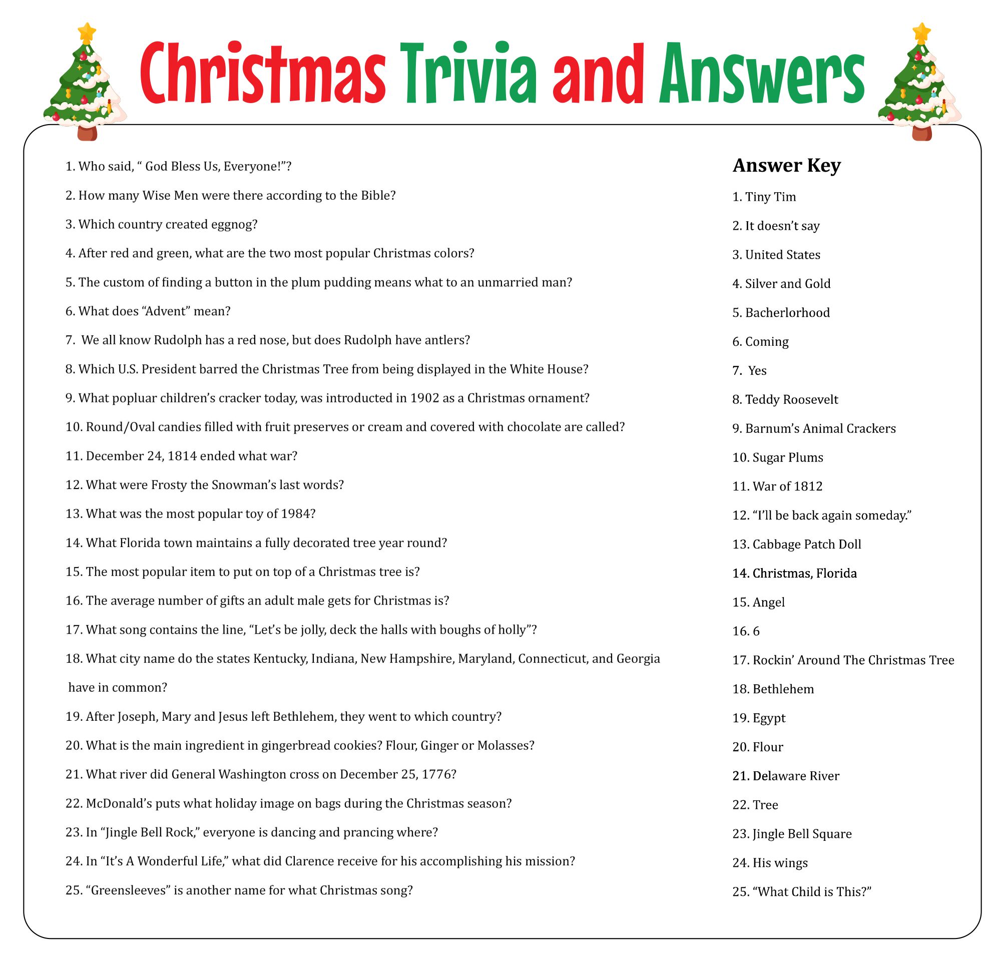 Christmas Trivia Free Printable - Printable World Holiday