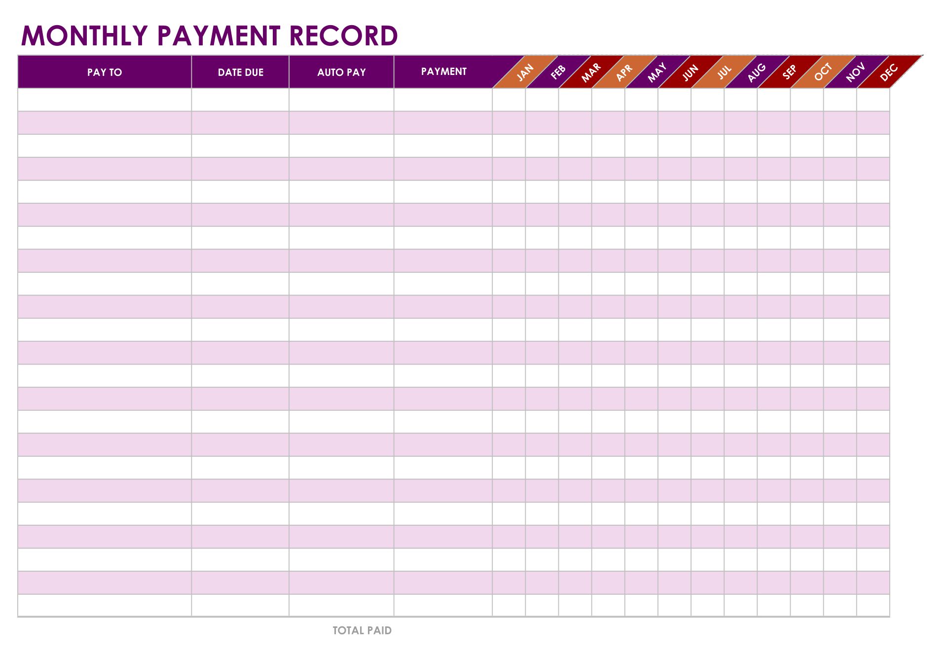 Monthly Payment Record Template
