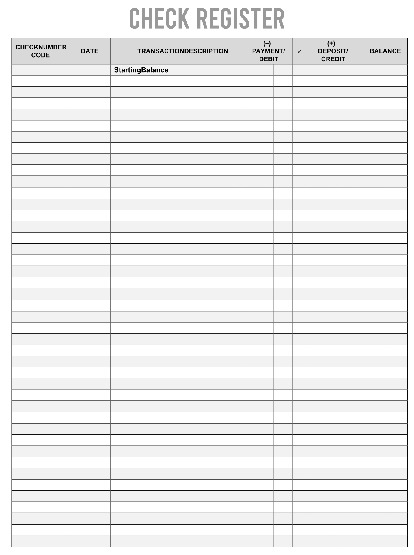 Free Printable Checkbook Register Full Page Pdf