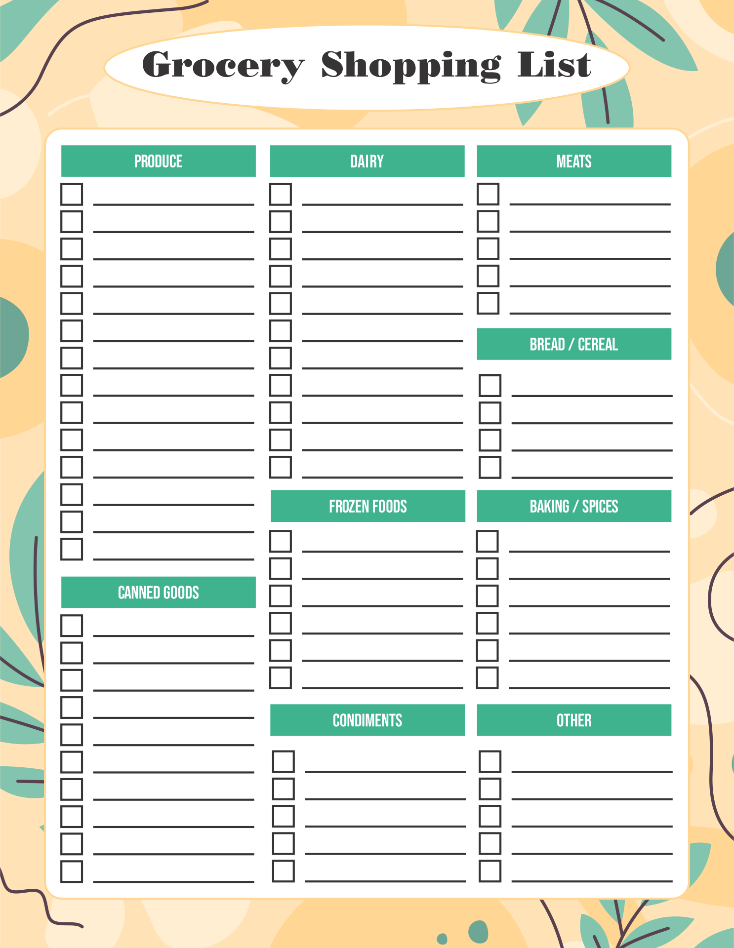 Printable Grocery Shopping List Template