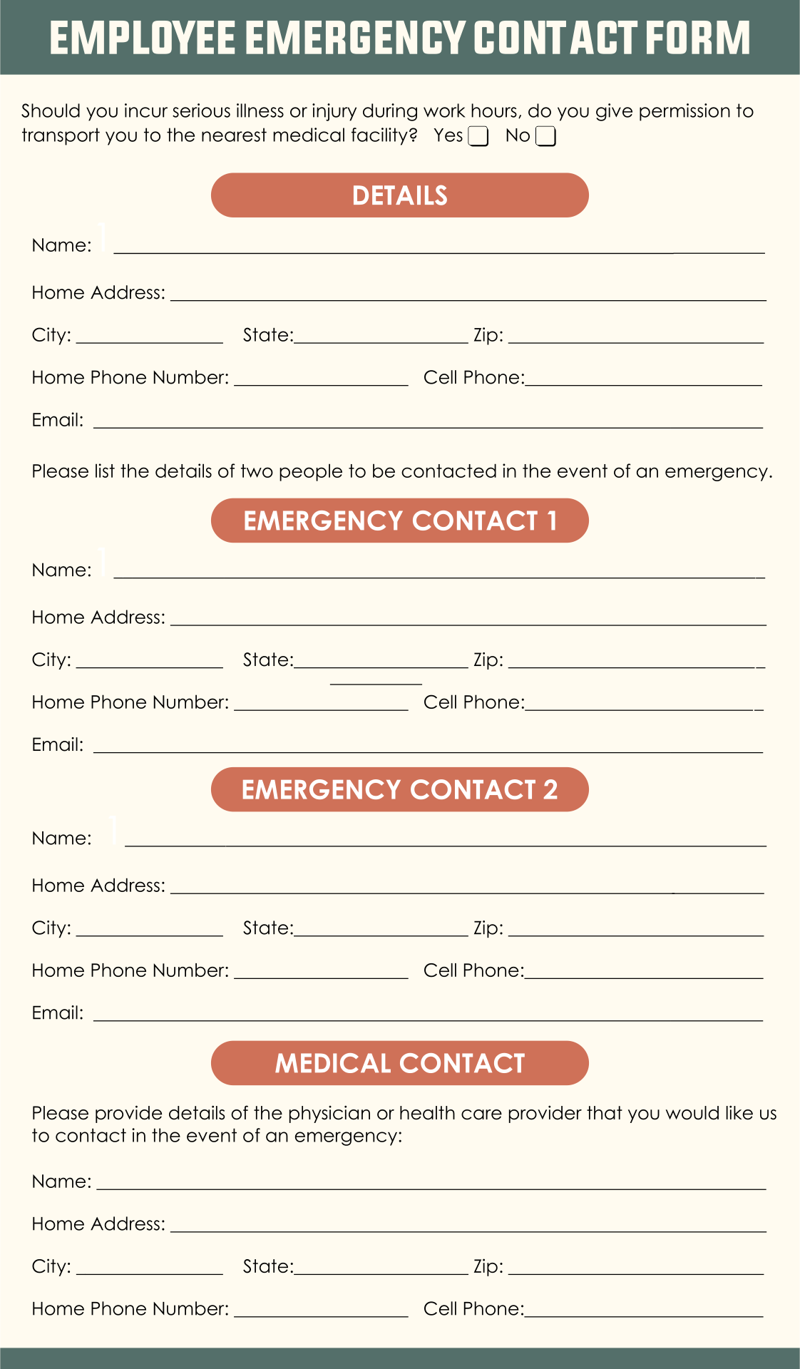 Printable Medical Emergency Contact Form