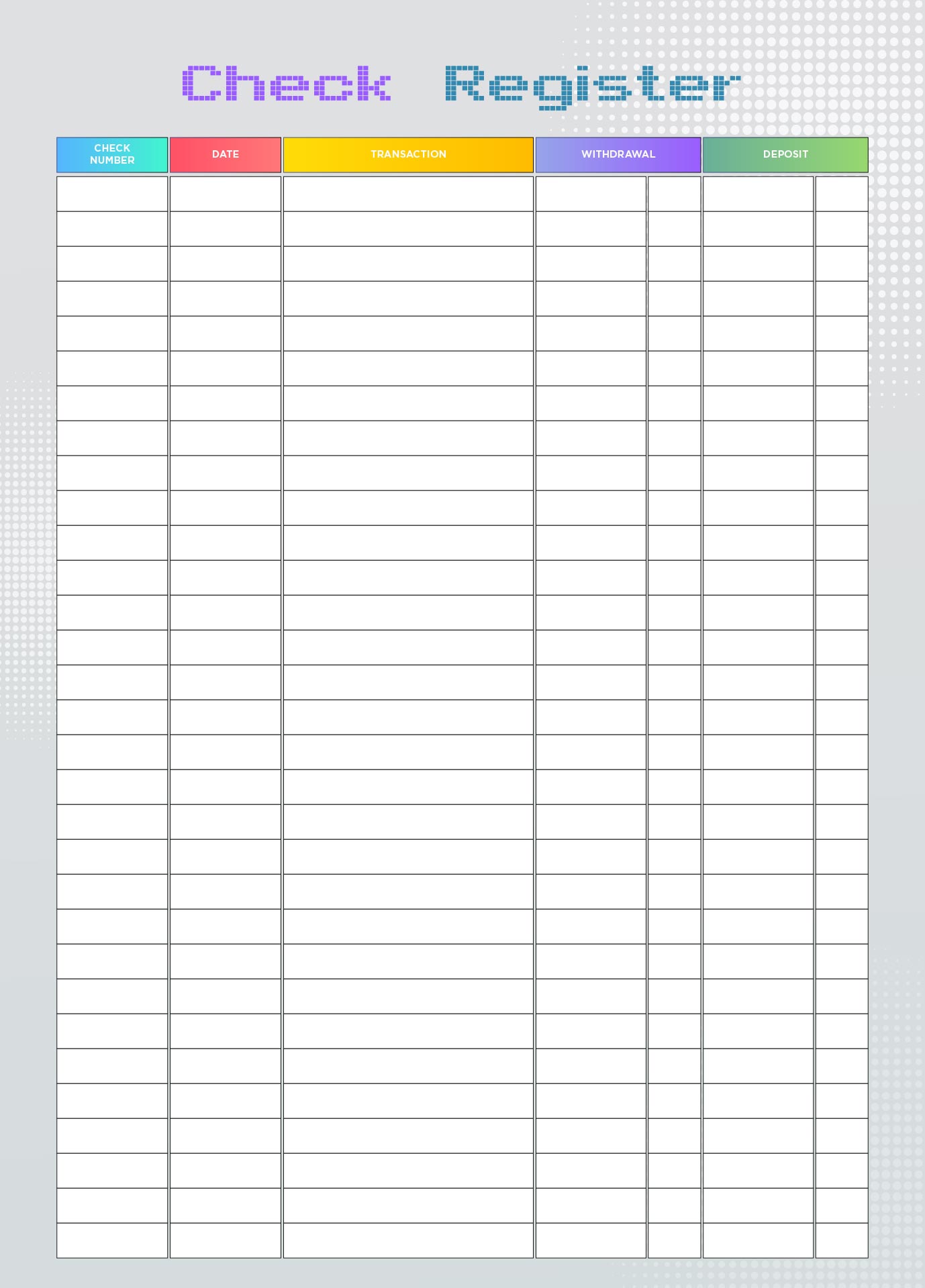 Printable Check Register Sheets