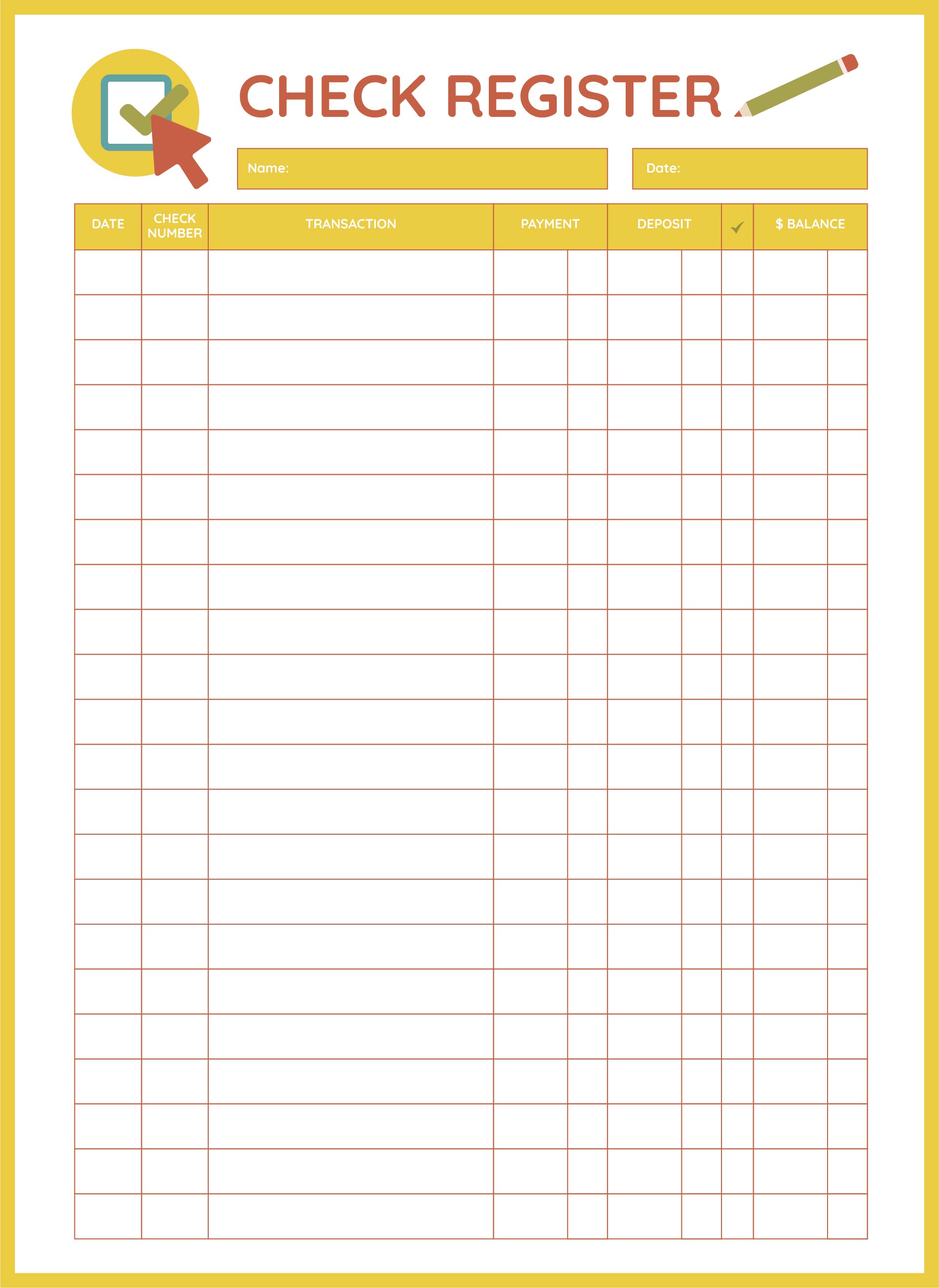 Printable Check Register Checkbook Size