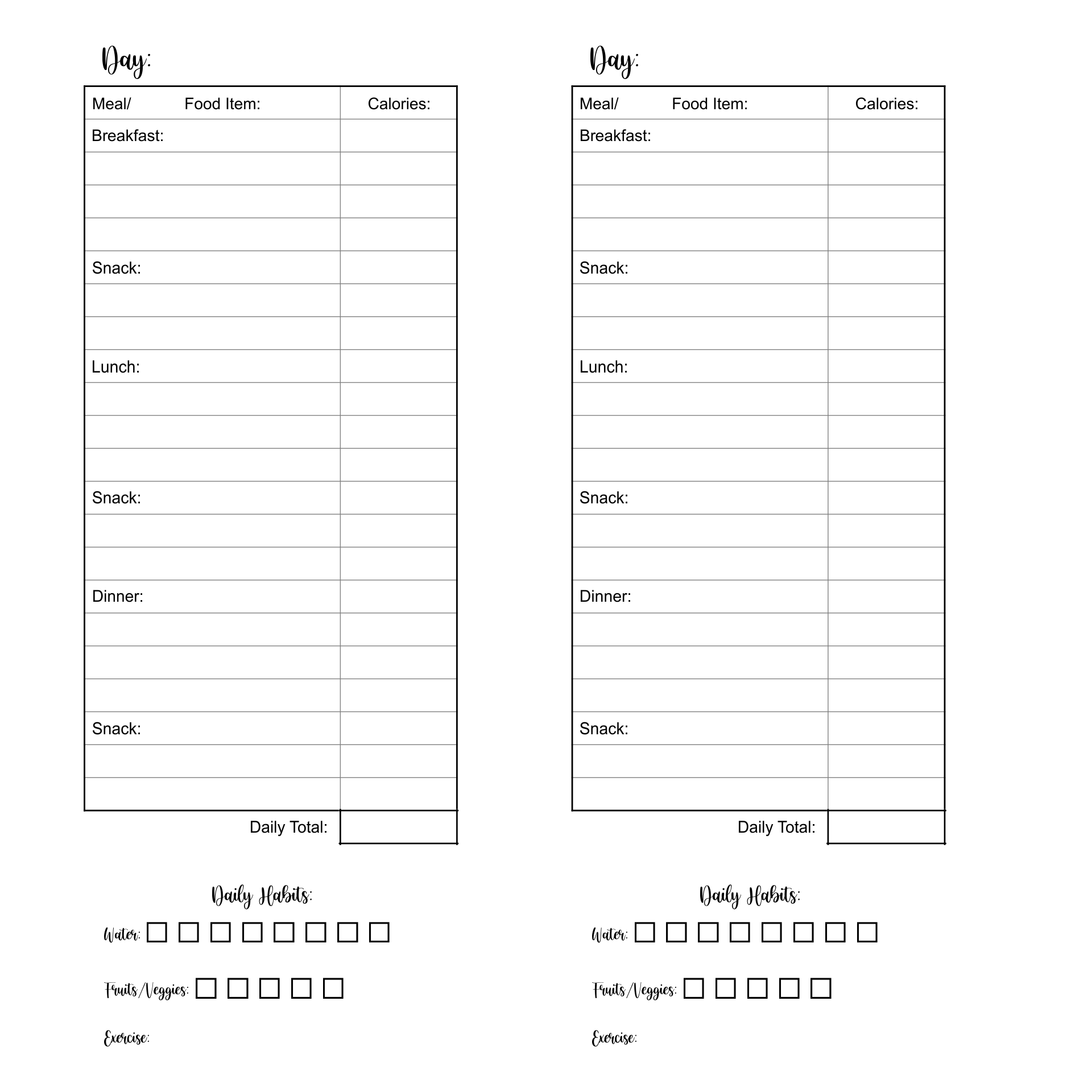 Printable Food Journal for Weight Loss