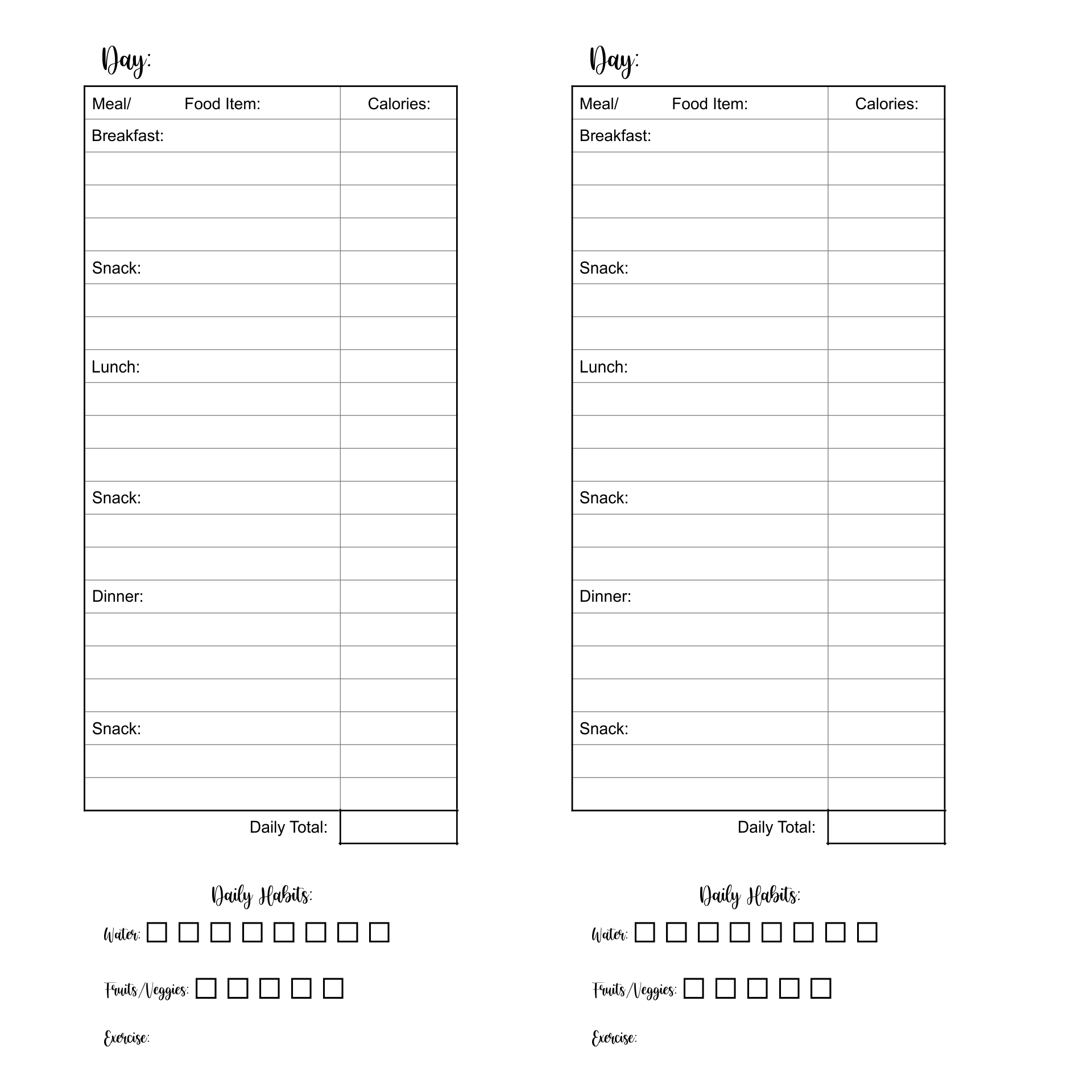 Food And Exercise Log Template from www.printablee.com