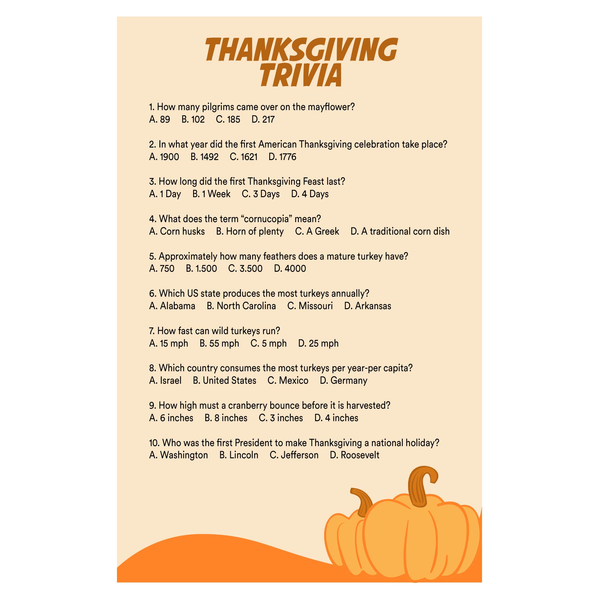  Printable Thanksgiving Trivia Quiz