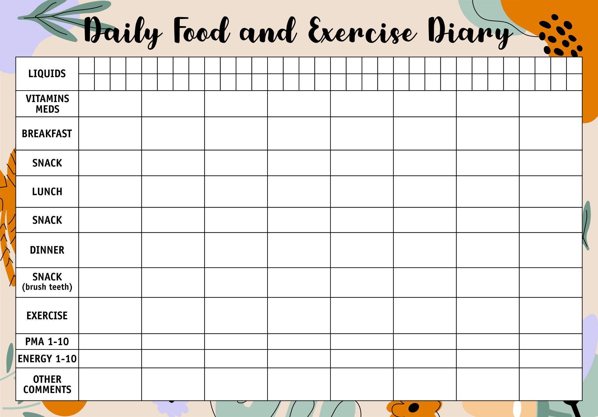 Exercise for Weight Loss Food Journal  Printable