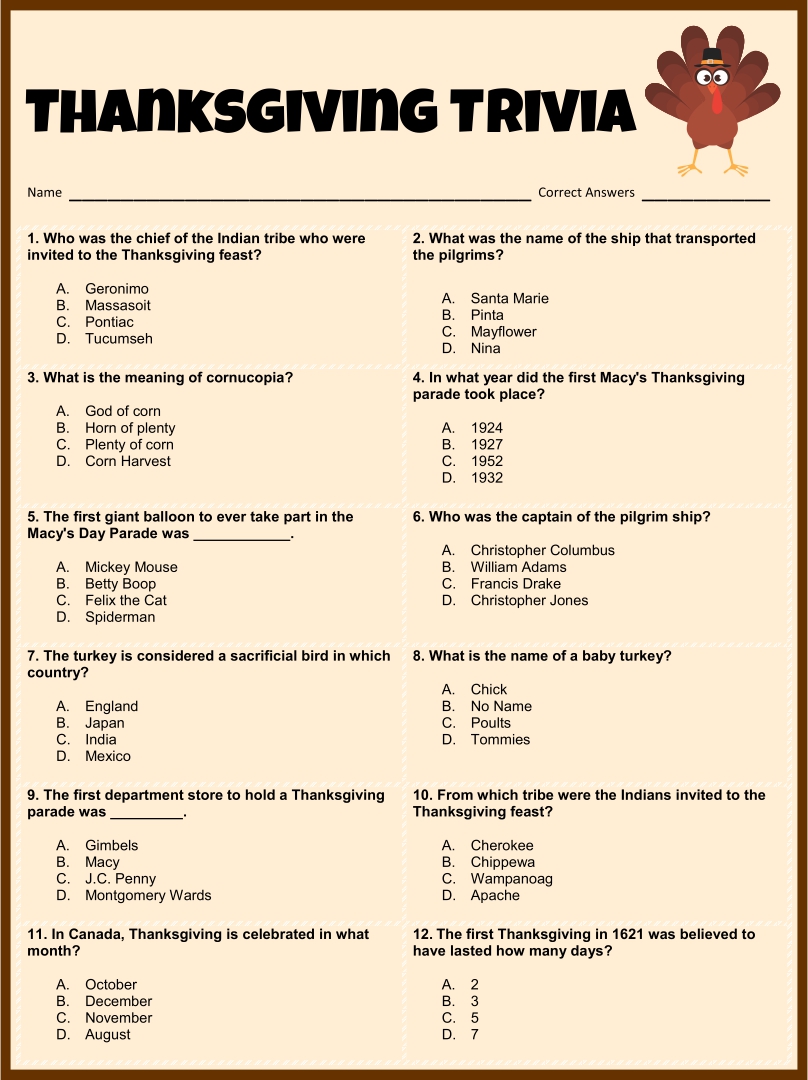 7 Best Free Printable Thanksgiving Trivia Quiz