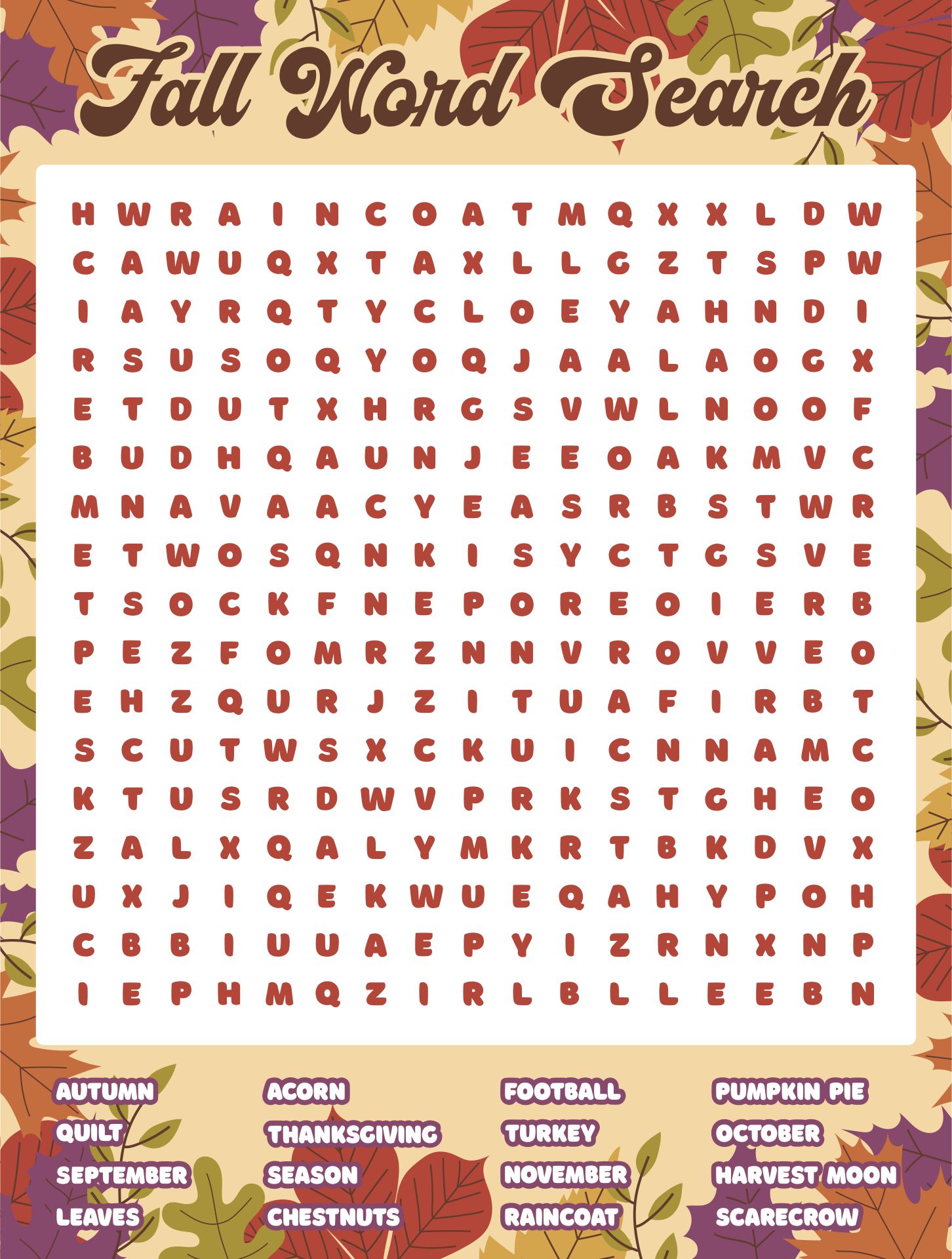 Find Autumn Word Search Printable