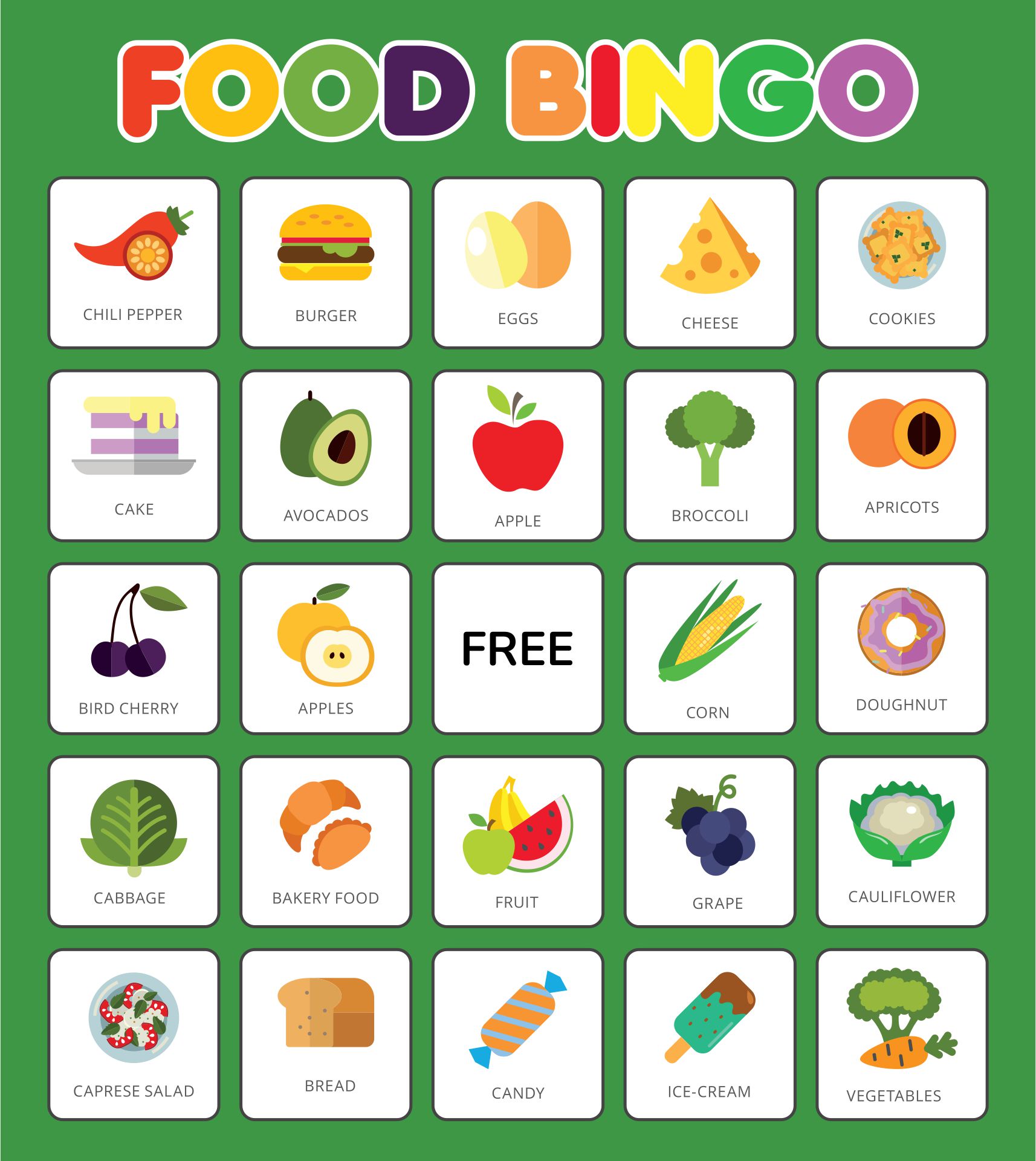 Food Bingo Cards for Kids