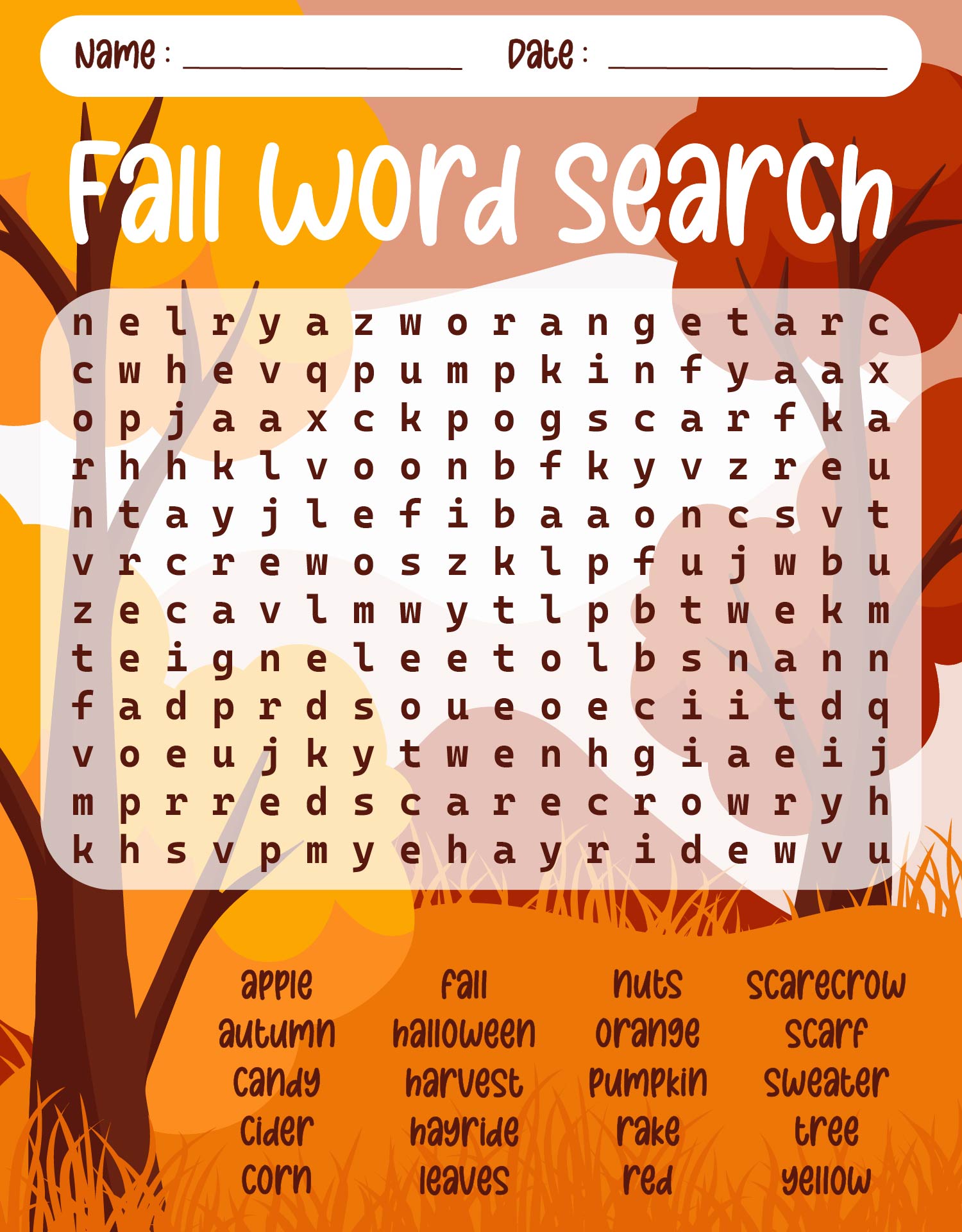 Printable Fall Word Search Worksheets