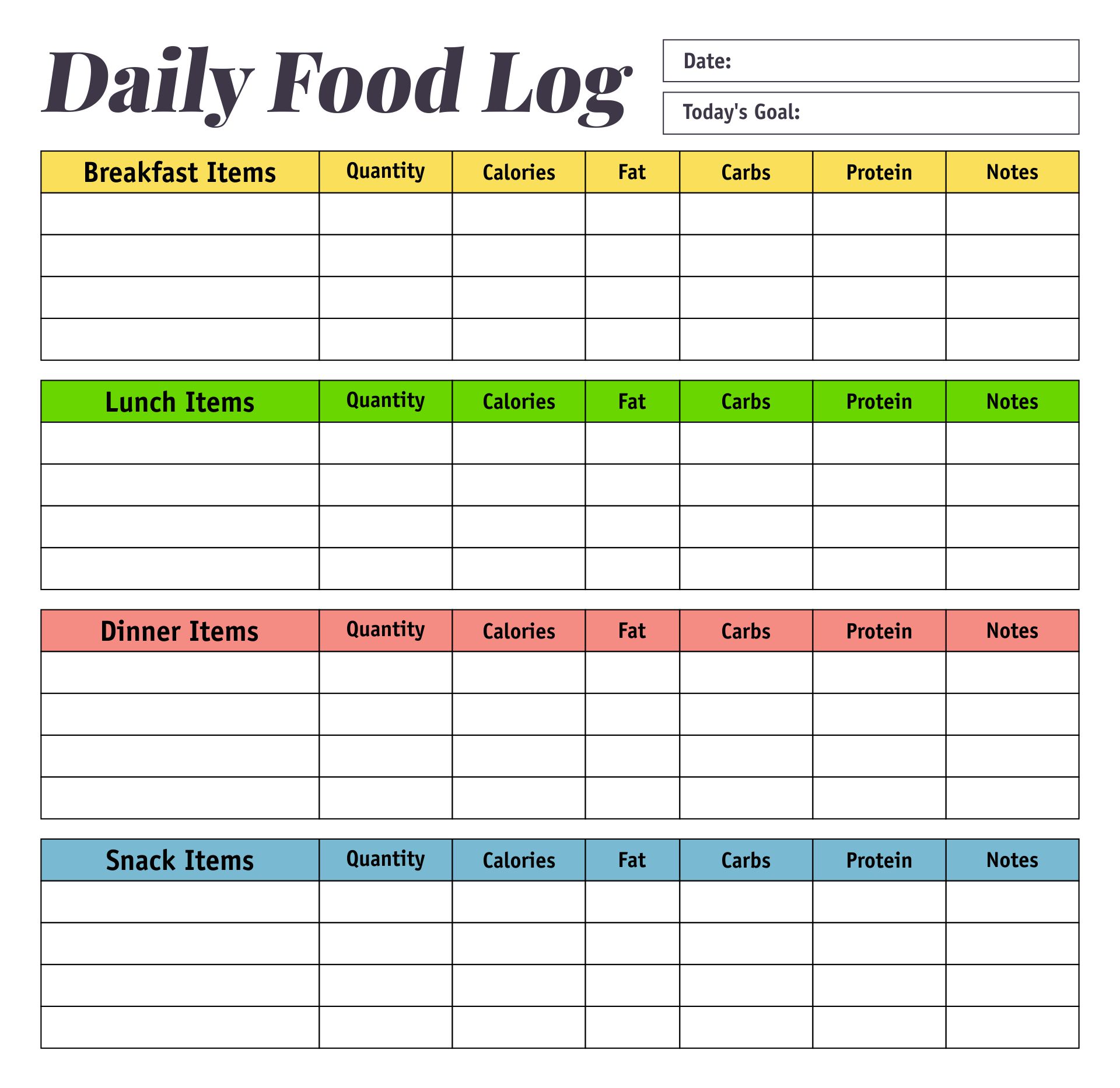  Printable Food Log Sheets